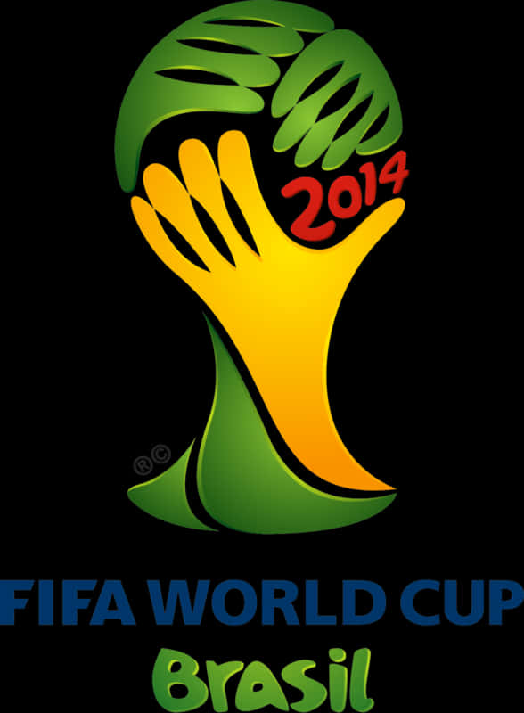 Fifa Game 桌布 壁紙 — 一個充滿活力的標誌，由兩隻綠色和黃色的風格化手托著一個地球，上面有紅色的「2014」字樣，背景為黑色。