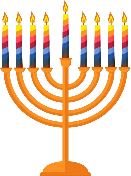 光明節 桌布 壁紙 — 一個充滿活力的橙色 menorah，九支彩色條紋蠟燭在黑色背景前全部點燃。
