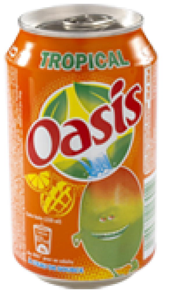綠洲 桌布 壁紙 — 一個充滿活力的橙色 Tropical Oasis 汽水罐，帶有微笑的芒果吉祥物和熱帶葉子標誌。