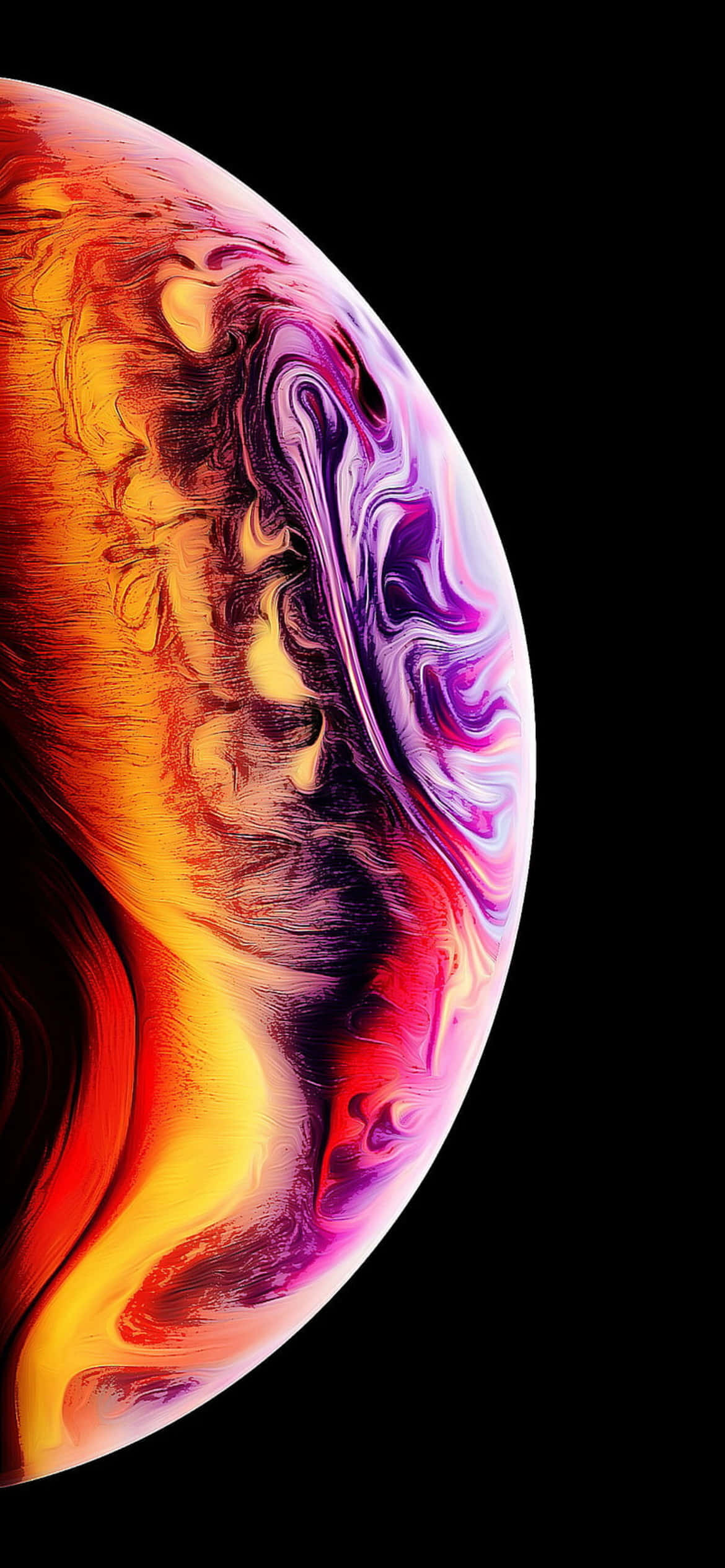 iPhone 12 桌布 壁紙 — 一個充滿活力的橙色、紫色和紅色漩渦球體漂浮在純黑色背景上。
