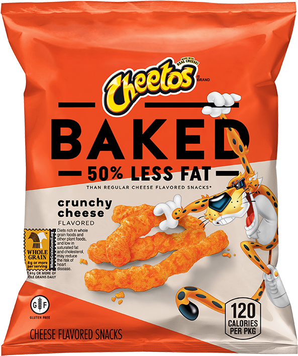 Clip Art 桌布 壁紙 — 一個充滿活力的橙色Cheetos Baked Crunchy Cheese Flavored Snacks袋，吉祥物拿著一塊薯片。