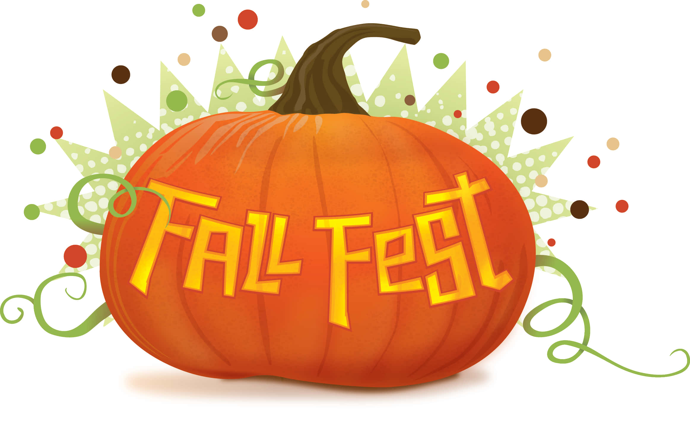 Fall Festival 桌布 壁紙 — 一個充滿活力的橙色南瓜，上面有粗體黃色字母寫著「Fall Fest」，周圍環繞著綠色藤蔓和節日圓點。