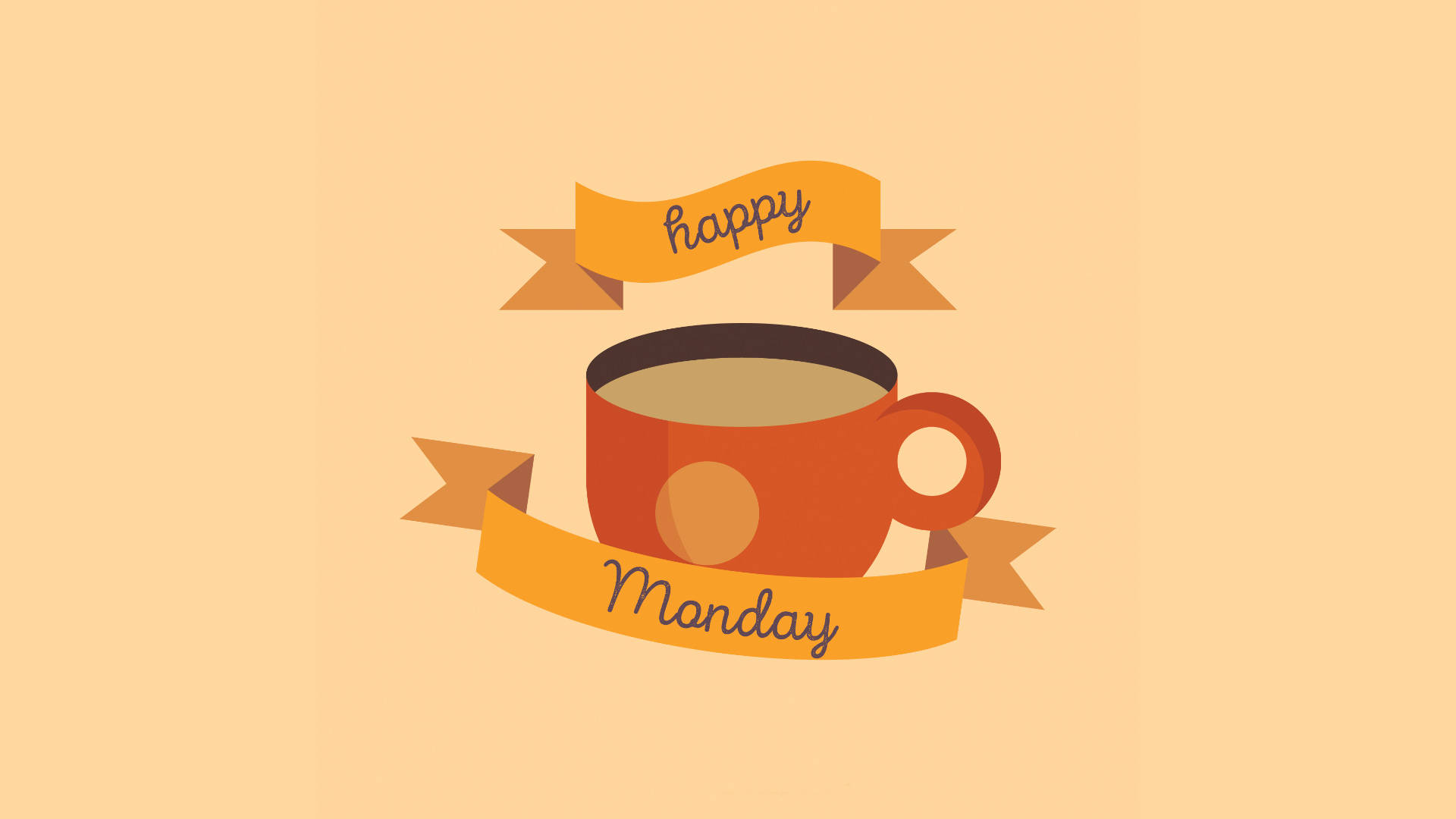 Happy Monday 桌布 壁紙 — 一個充滿活力的橙色咖啡杯，上面有寫著「happy Monday」的橫幅，背景是柔和的桃色。