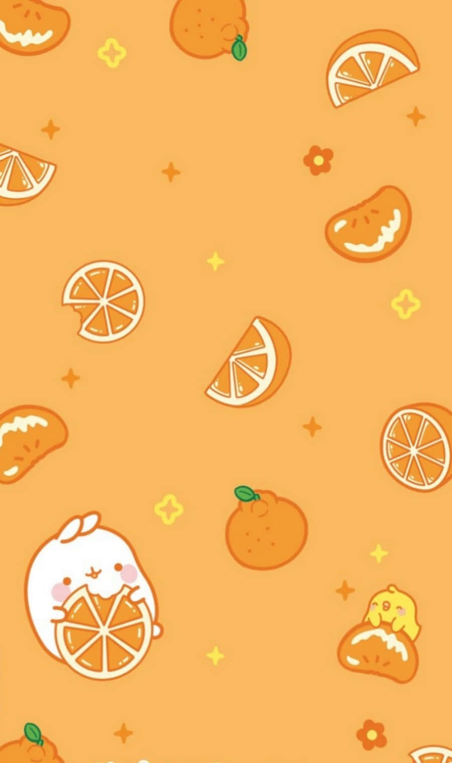 兔子 桌布 壁紙 — 一個充滿活力的橙色壁紙，上面有可愛的卡通兔子和柑橘片漂浮在黃色星星之間。