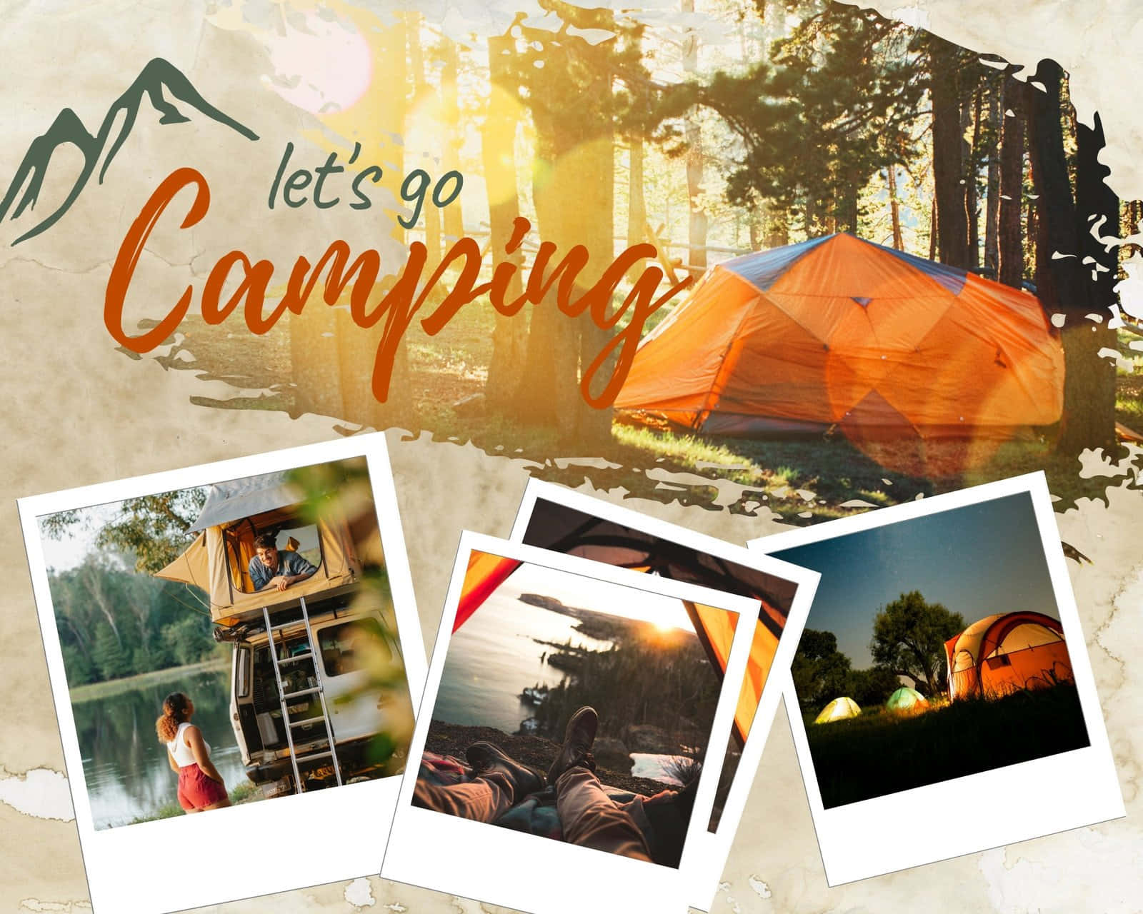 Camp 桌布 壁紙 — 一個充滿活力的橙色帳篷在陽光斑駁的森林中發光，三張拍立得照片捕捉了露營者在湖邊、露營車內和星空下放鬆的場景。