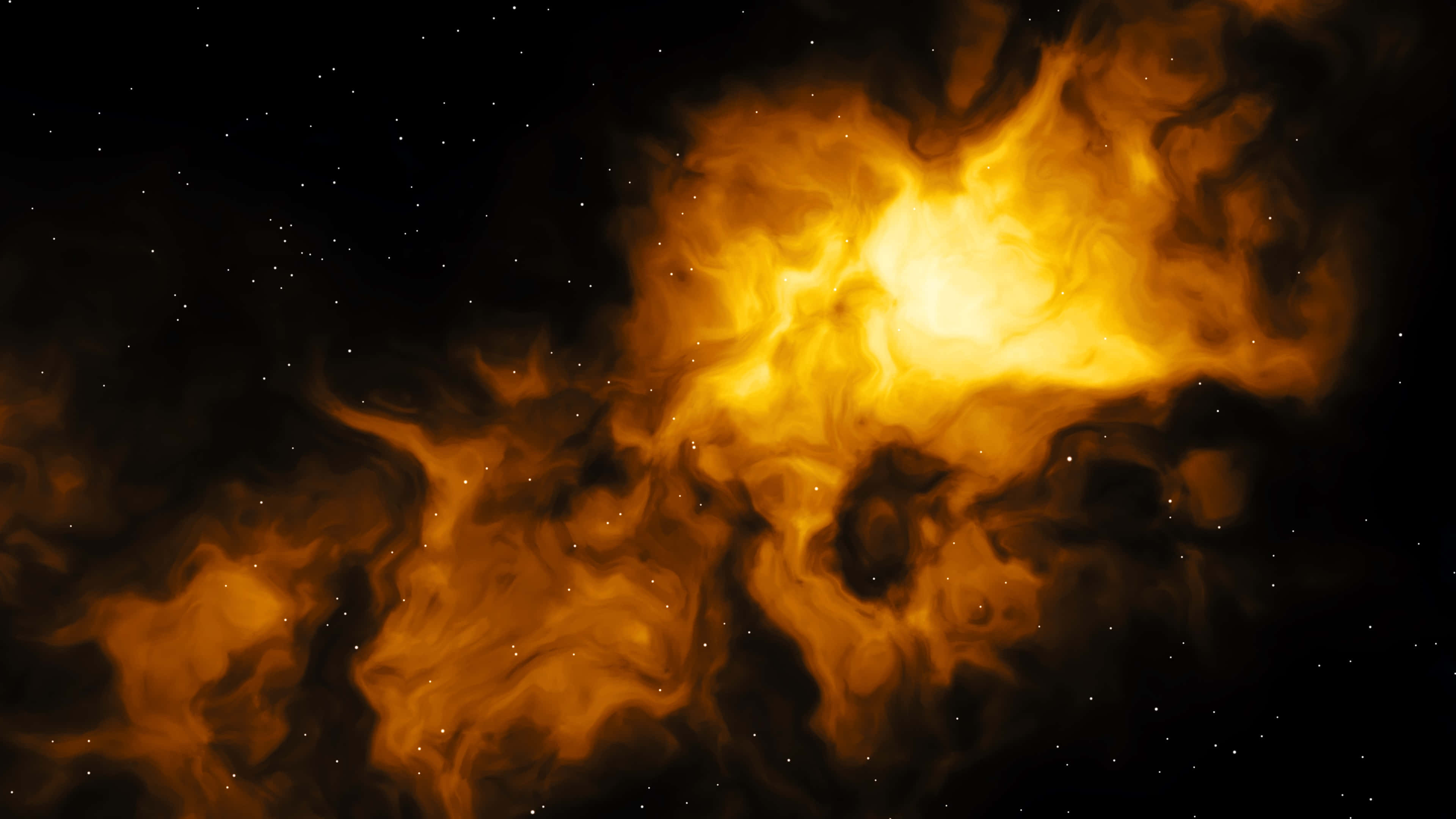 Yellow Galaxy 桌布 壁紙 — 一個充滿活力的橙色星雲在星光點點的黑色宇宙背景下旋轉，帶有發光的火紅卷鬚。