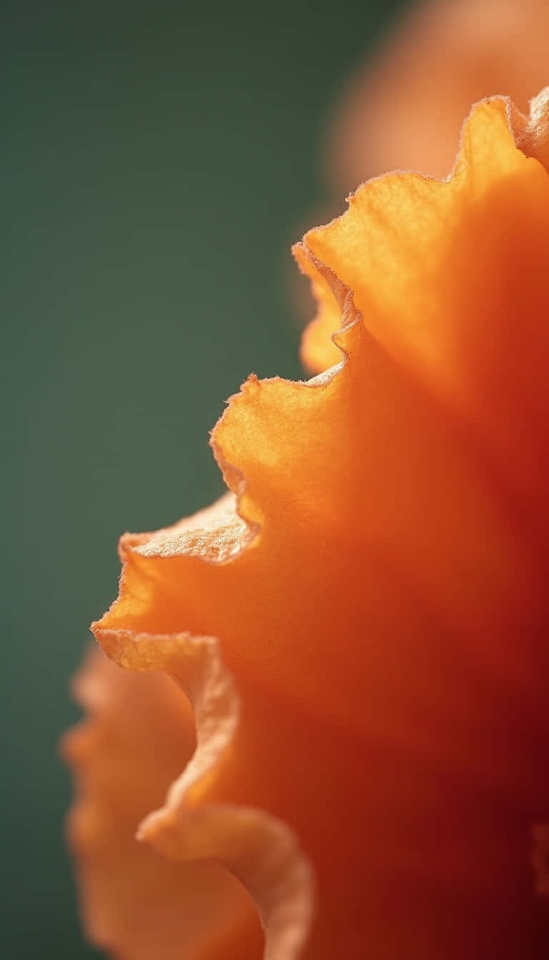 Flower 壁紙 — 一個充滿活力的橙色花瓣特寫，帶有精緻的荷葉邊邊緣，襯托著柔和的綠色背景。
