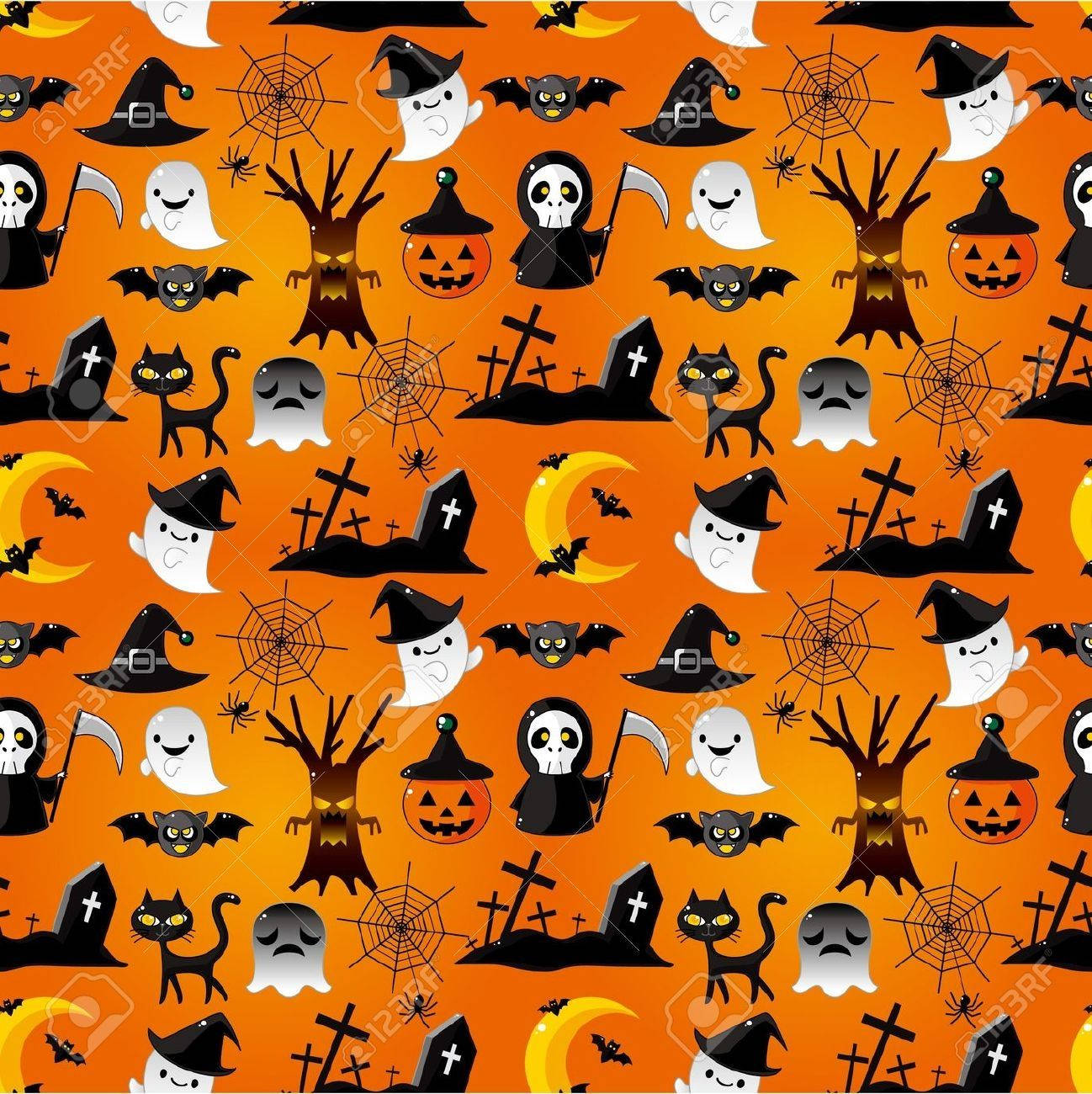 Kawaii Halloween 桌布 壁紙 — 一個充滿活力的橙色萬聖節桌布圖案，在漸層背景上重複出現可愛的鬼魂、蝙蝠、南瓜和黑貓。