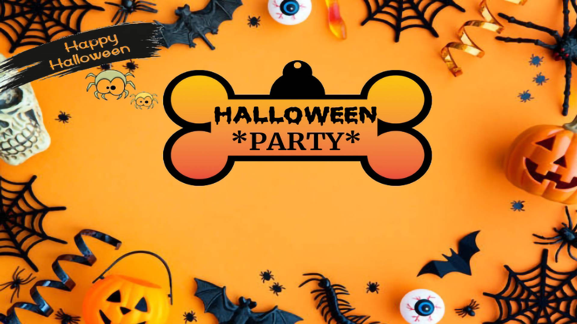 party 桌布 壁紙 — 一個充滿活力的橙色萬聖節派對橫幅，形狀像骨頭，周圍環繞著恐怖的裝飾，包括南瓜、蝙蝠和眼球。