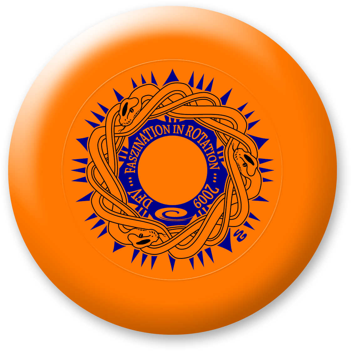 Frisbee 桌布 壁紙 — 一個充滿活力的橙色飛盤，帶有藍色圓形設計，上面有纏繞的蛇和文字，背景為黑色。