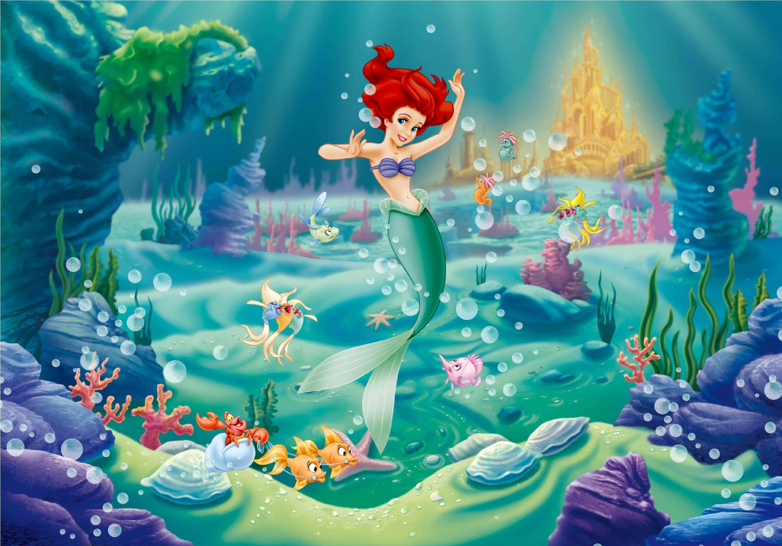 little mermaid 桌布 壁紙 — 一個充滿活力的水下場景，展示了一位紅髮美人魚在色彩繽紛的珊瑚和頑皮的魚群中跳舞，附近有一座發光的城堡。