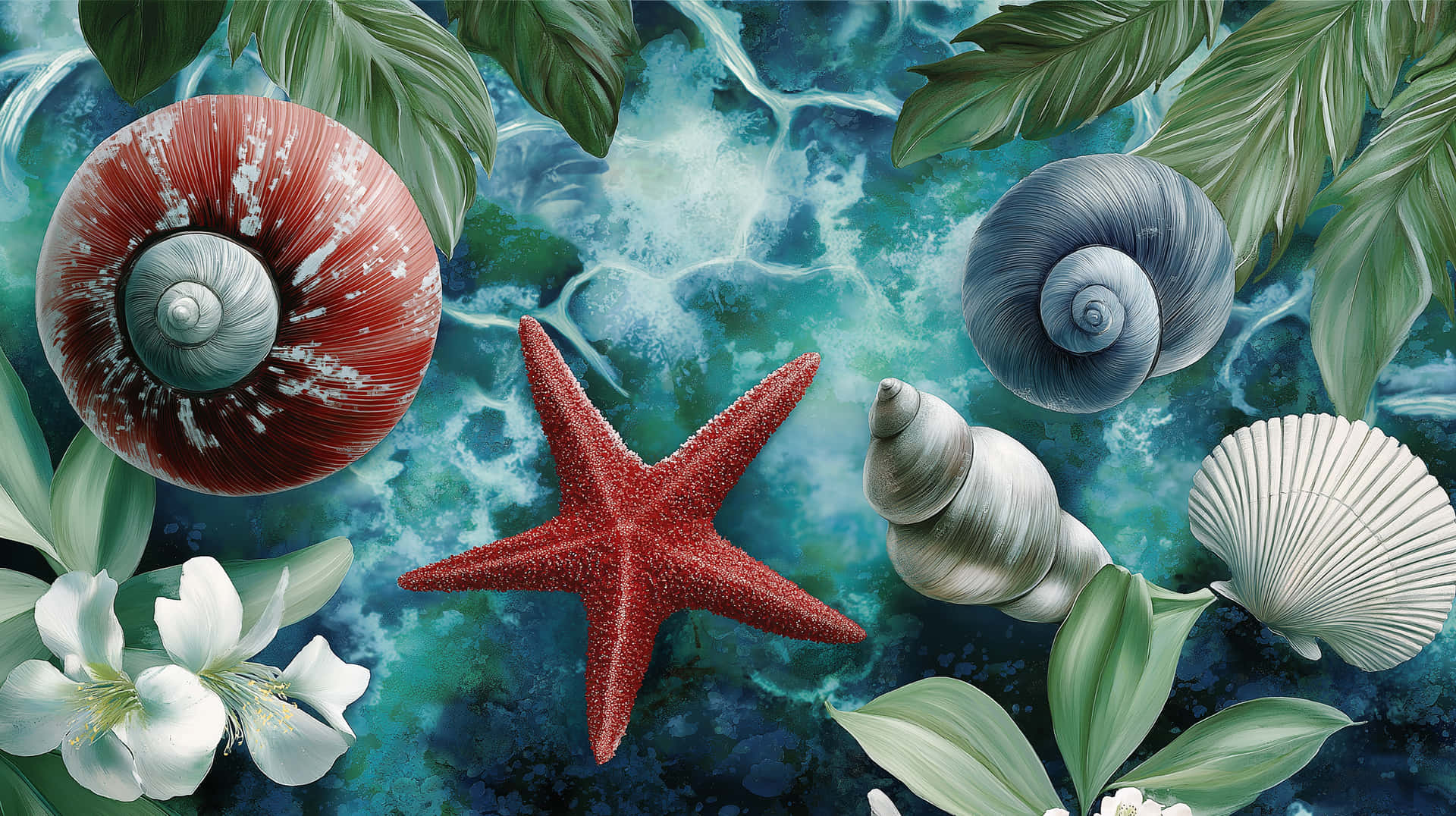 Underwater Starfish and Shells on Sandy Seafloor 壁紙 — 一個充滿活力的水下場景，有紅色海星、彩色貝殼和白色花朵，在旋轉的藍綠色水和綠葉之間。