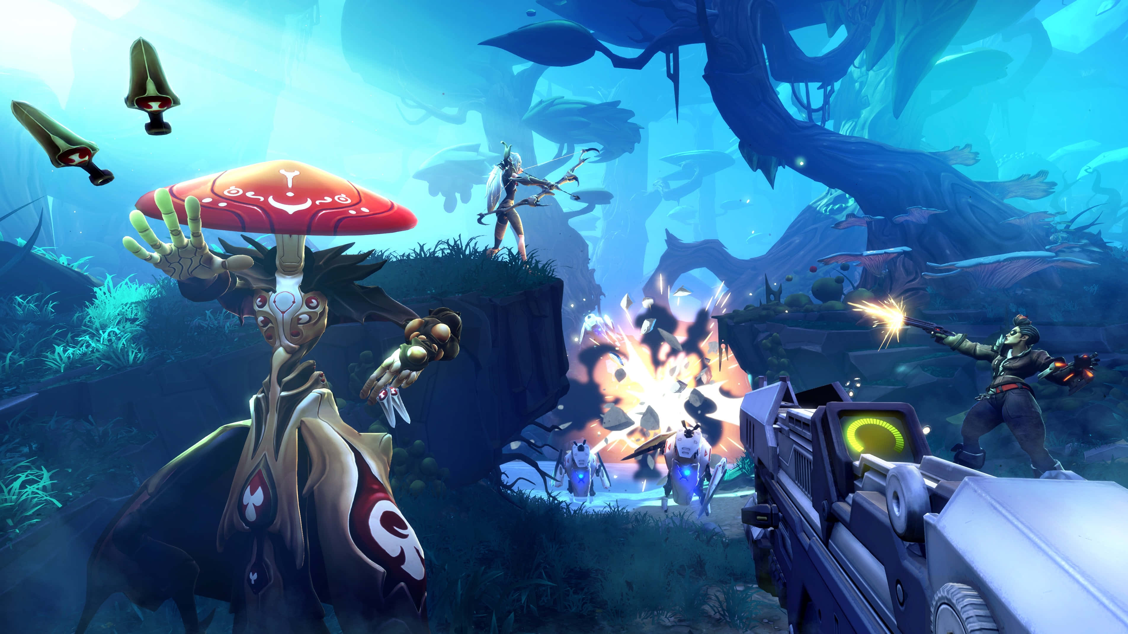 Moba Games 桌布 壁紙 — 一個充滿活力的水下戰鬥場景，蘑菇頭戰士和發光生物在珊瑚和廢墟中。