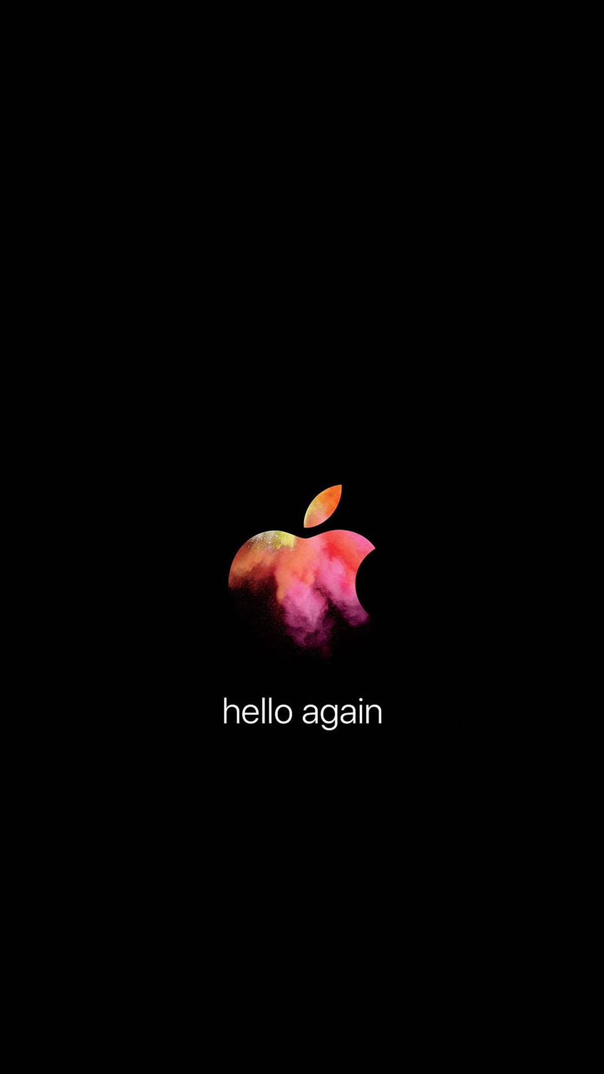 October 桌布 壁紙 — 一個充滿活力的水彩Apple標誌在黑色背景上發光，下方有hello again文字。