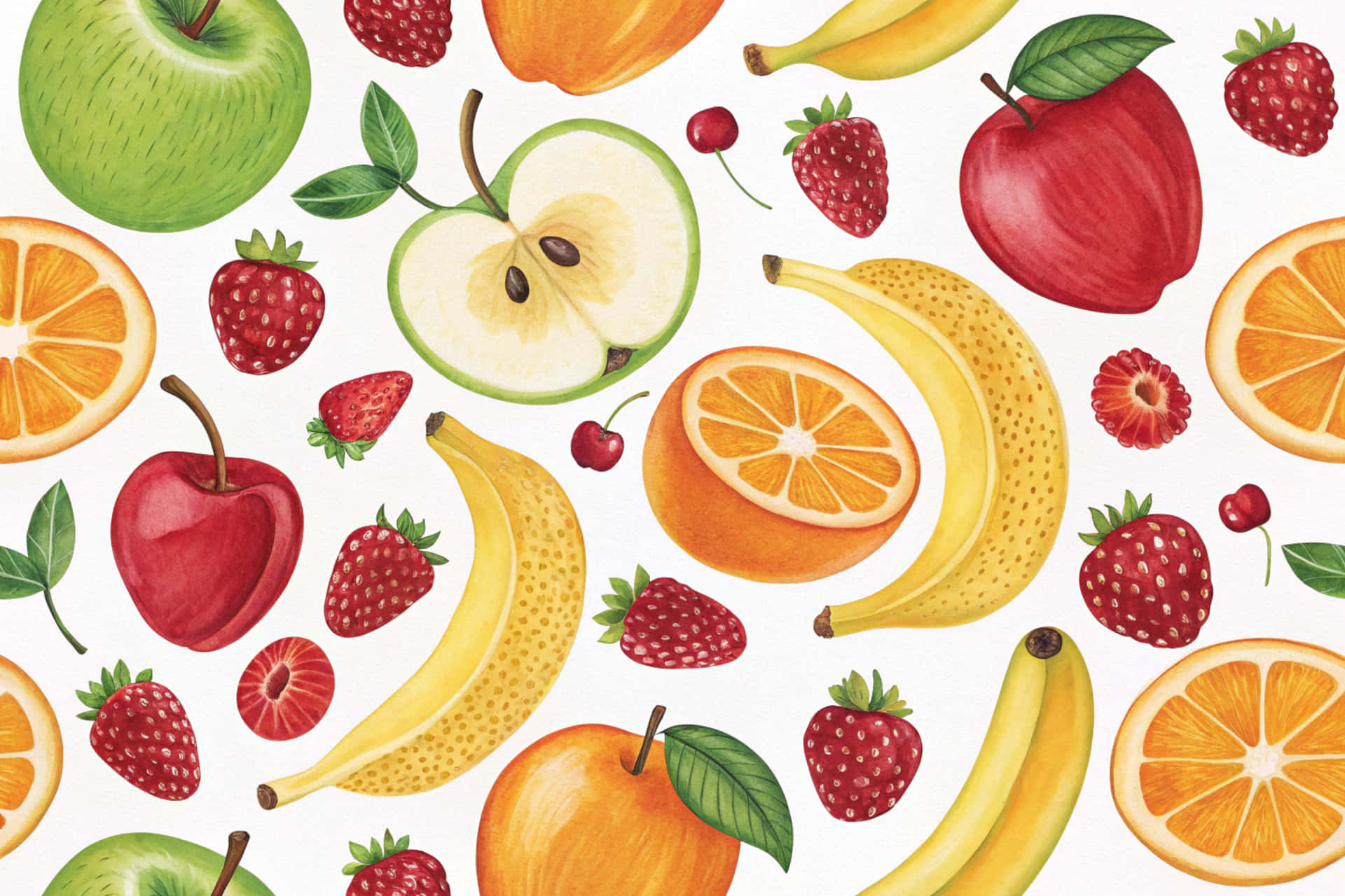 Fruit pattern 壁紙 — 一個充滿活力的水彩圖案，包含各種新鮮水果，包括蘋果、香蕉、柳橙和草莓，散落在白色背景上。