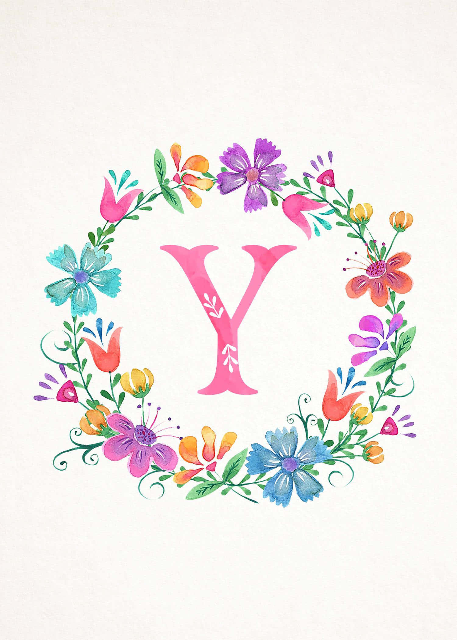 Floral Wreath 桌布 壁紙 — 一個充滿活力的水彩字母Y，被色彩繽紛的花環環繞在帶有紋理的奶油色背景上。