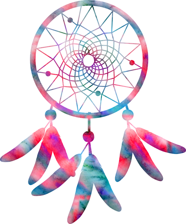 dreamcatcher 桌布 壁紙 — 一個充滿活力的水彩捕夢網，帶有旋轉的粉紅色、藍色和紫色色調以及羽毛流蘇，背景為黑色。