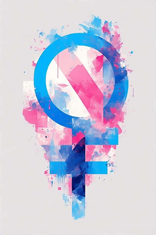 Minimalist Transgender Pride Symbol  Modern 4K 壁紙 — 一個充滿活力的水彩潑濺形成跨性別驕傲旗幟符號，帶有鮮明的藍色、粉紅色和白色色調，背景為淺灰色。