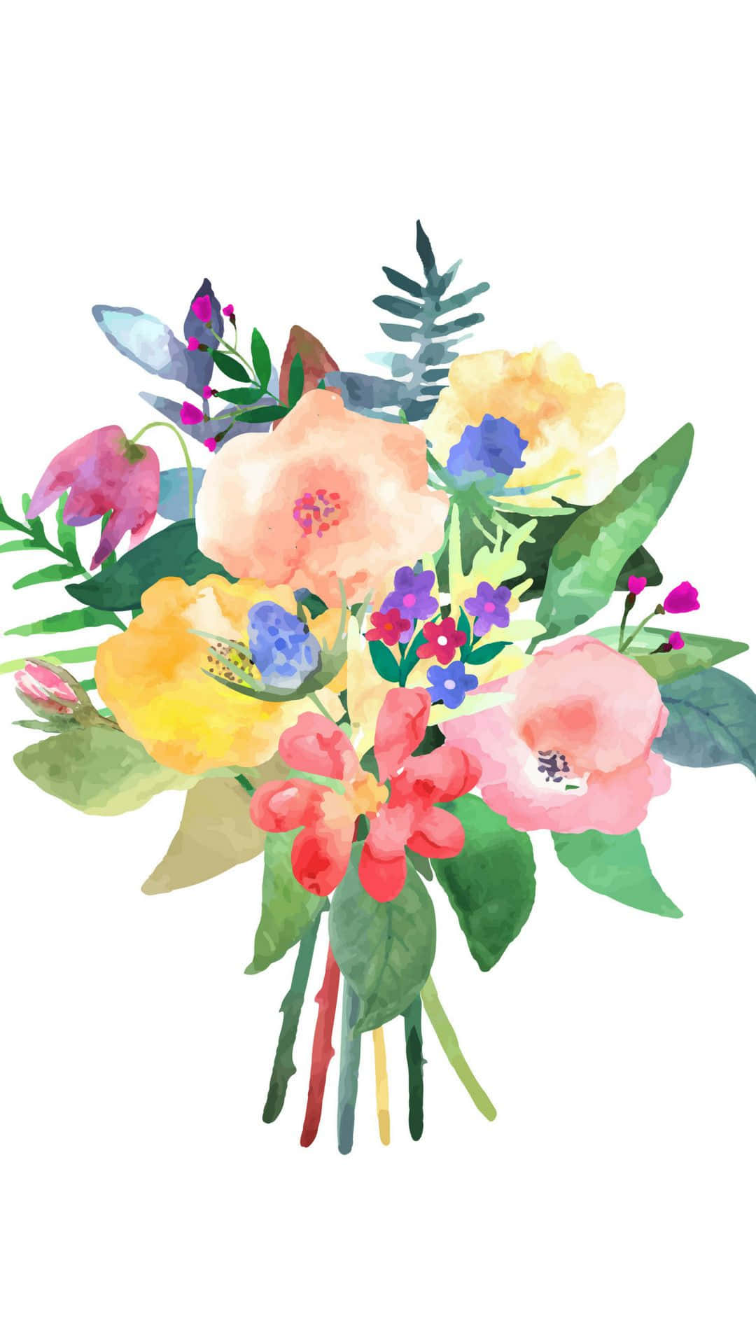 Floral Watercolor 桌布 壁紙 — 一個充滿活力的水彩花束，包含粉紅色、黃色和藍色的花朵，搭配綠色葉子，背景為白色。