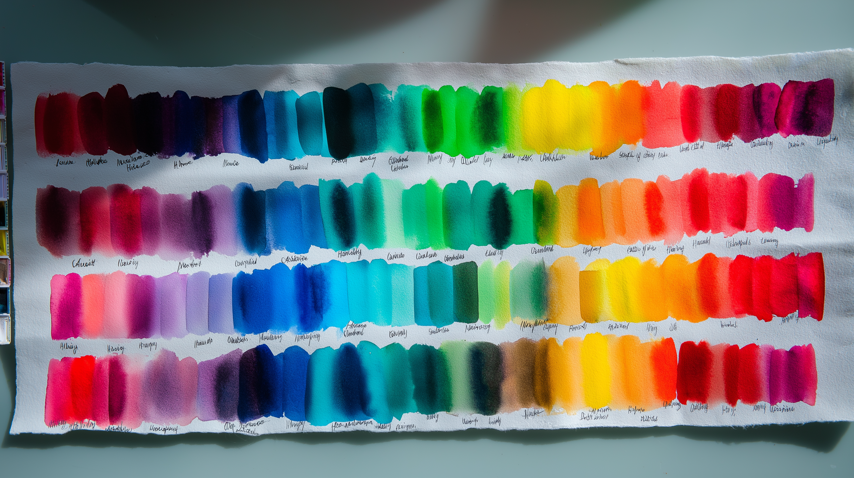 Palette 桌布 壁紙 — 一個充滿活力的水彩顏色樣本圖表，在紋理白紙上展示了四行精心混合的色調，從深紫色到亮黃色。