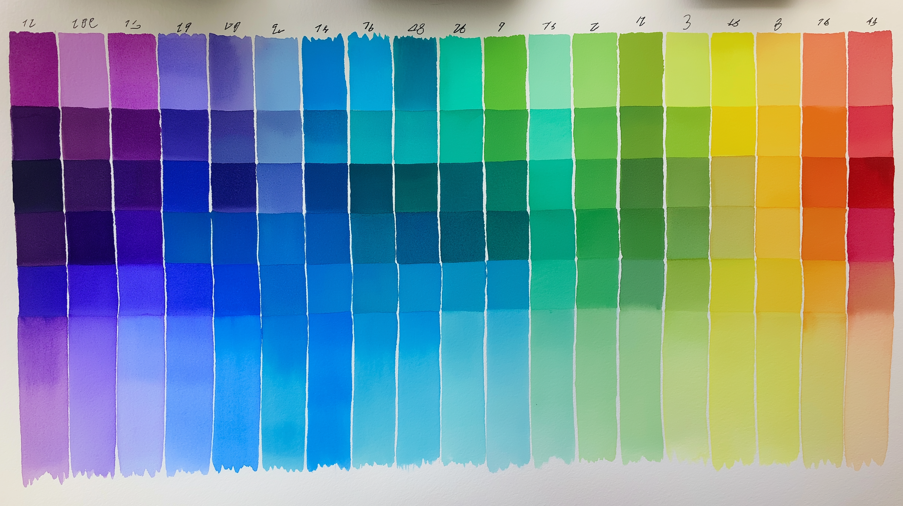 Palette 桌布 壁紙 — 一個充滿活力的水彩顏色樣本圖表，顯示從紫色到紅色的漸變色調，並帶有編號的顏色樣本。