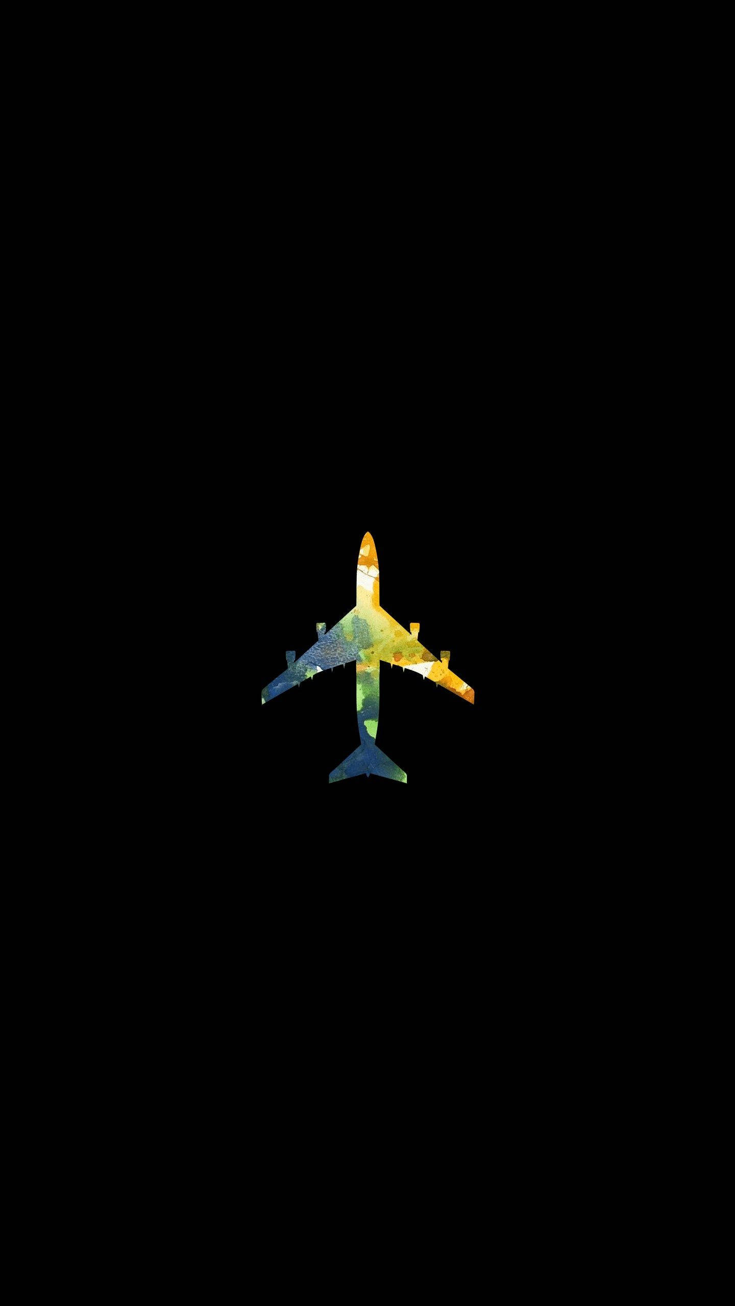 Plane 桌布 壁紙 — 一個充滿活力的水彩飛機剪影在漆黑的背景上發光。