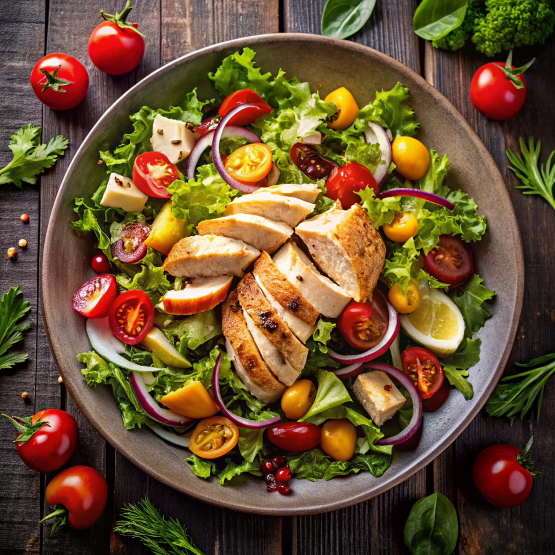 Chicken salad with vegetables 壁紙 — 一個充滿活力的沙拉，有切片烤雞、櫻桃番茄、紅洋蔥和起司，放在深色木桌上的鄉村風碗中。