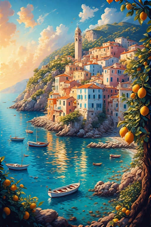 Amalfi Coast Cliffs and Colorful Houses  Italy Summer 4K 壁紙 — 一個充滿活力的沿海村莊依附在陽光明媚的懸崖上，俯瞰著點綴著小船的海藍寶石色水域。