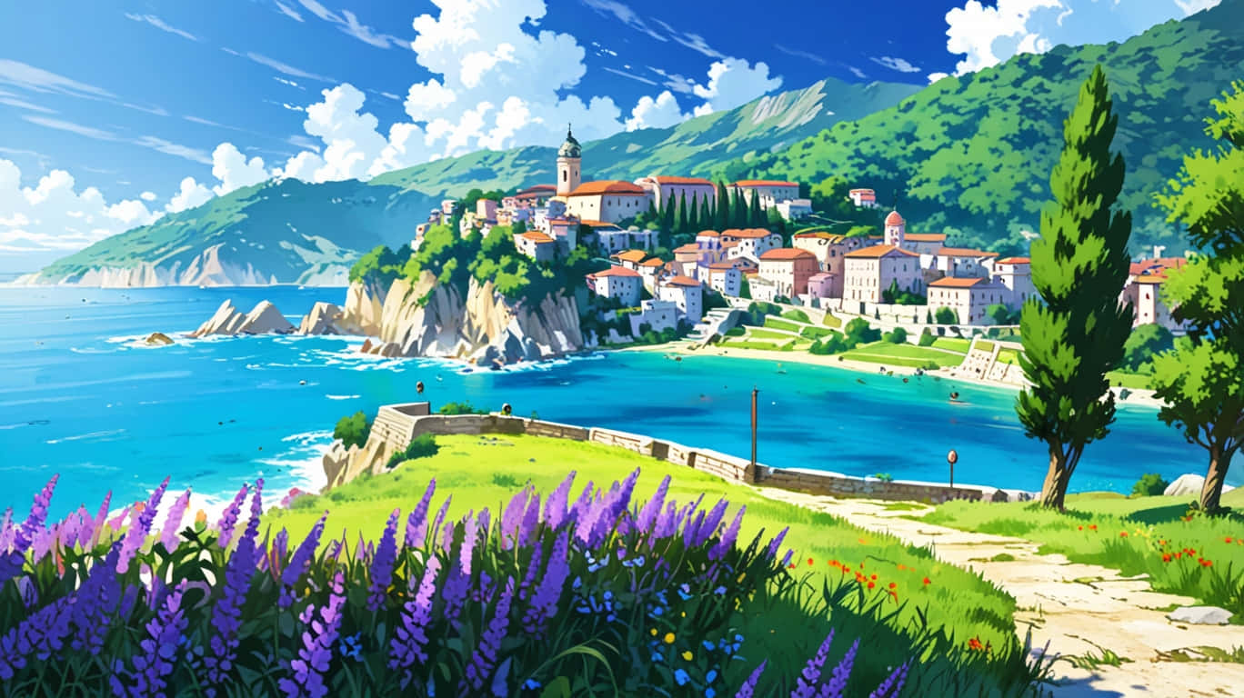 Venice Dream 壁紙 — 一個充滿活力的沿海村莊坐落在懸崖上，俯瞰著碧綠的海水，前景有紫色的花朵盛開。