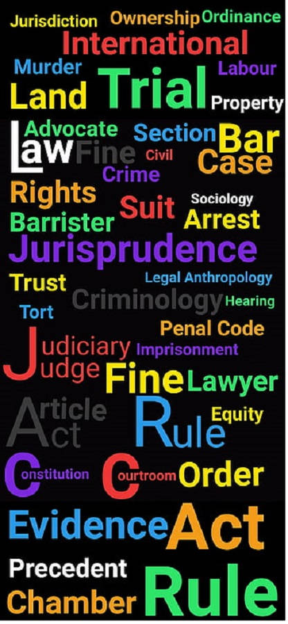 Advocate 桌布 壁紙 — 一個充滿活力的法律術語詞雲，如法律、審判、法官和證據，在黑色背景上爆發。