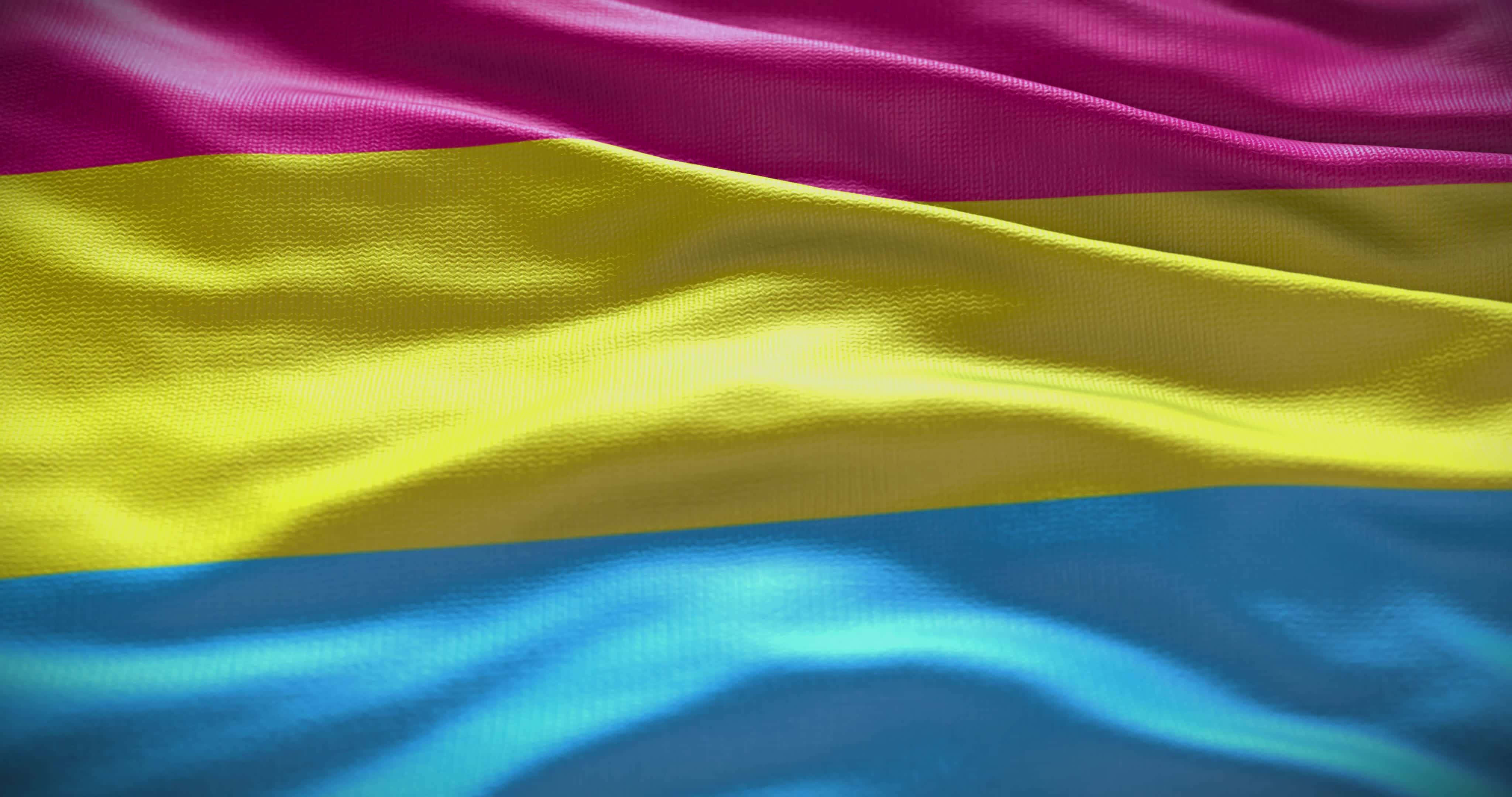 Pansexual 桌布 壁紙 — 一個充滿活力的泛性戀旗幟的特寫，旗幟飄揚，布料有紋理，顯示粉紅色、黃色和藍色條紋。