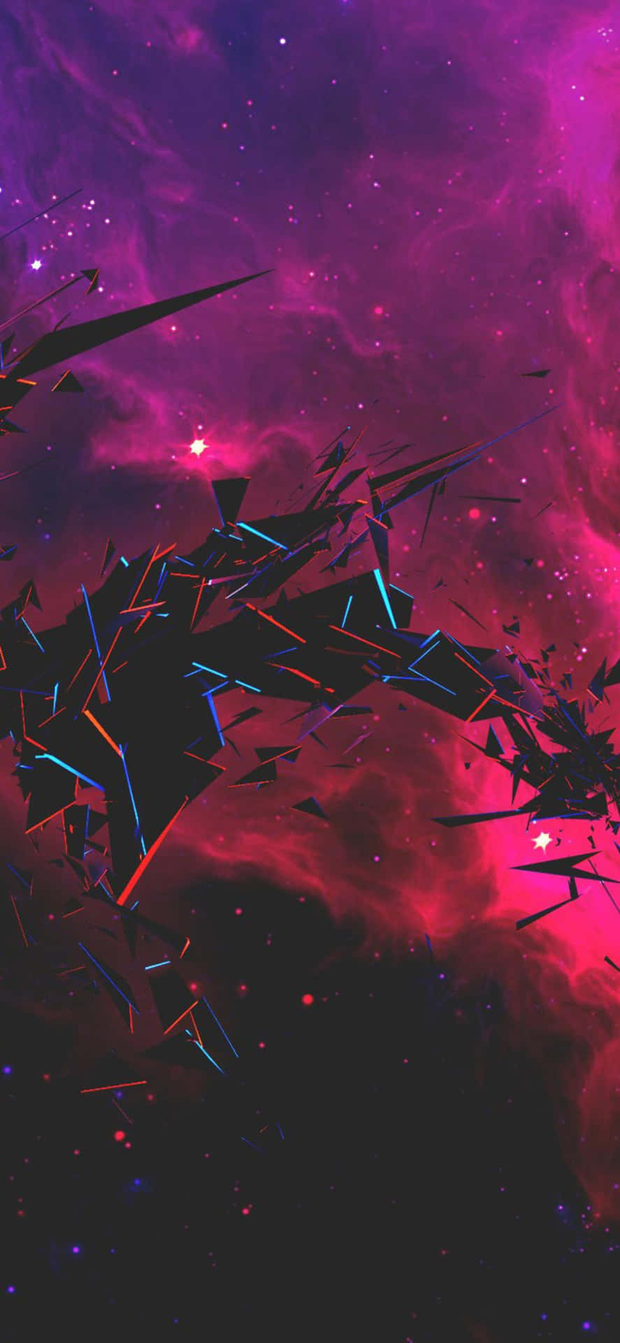  壁紙 — 一個充滿活力的洋紅色和紫色色調的宇宙星雲，尖銳的幾何碎片漂浮在發光的星星之間。