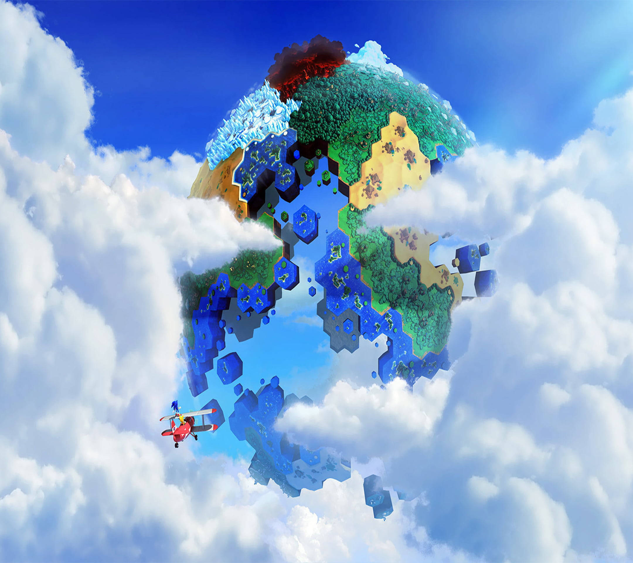 World 桌布 壁紙 — 一個充滿活力的浮島，擁有六邊形地形，一架紅色飛機在明亮的藍天下飛過蓬鬆的雲層。