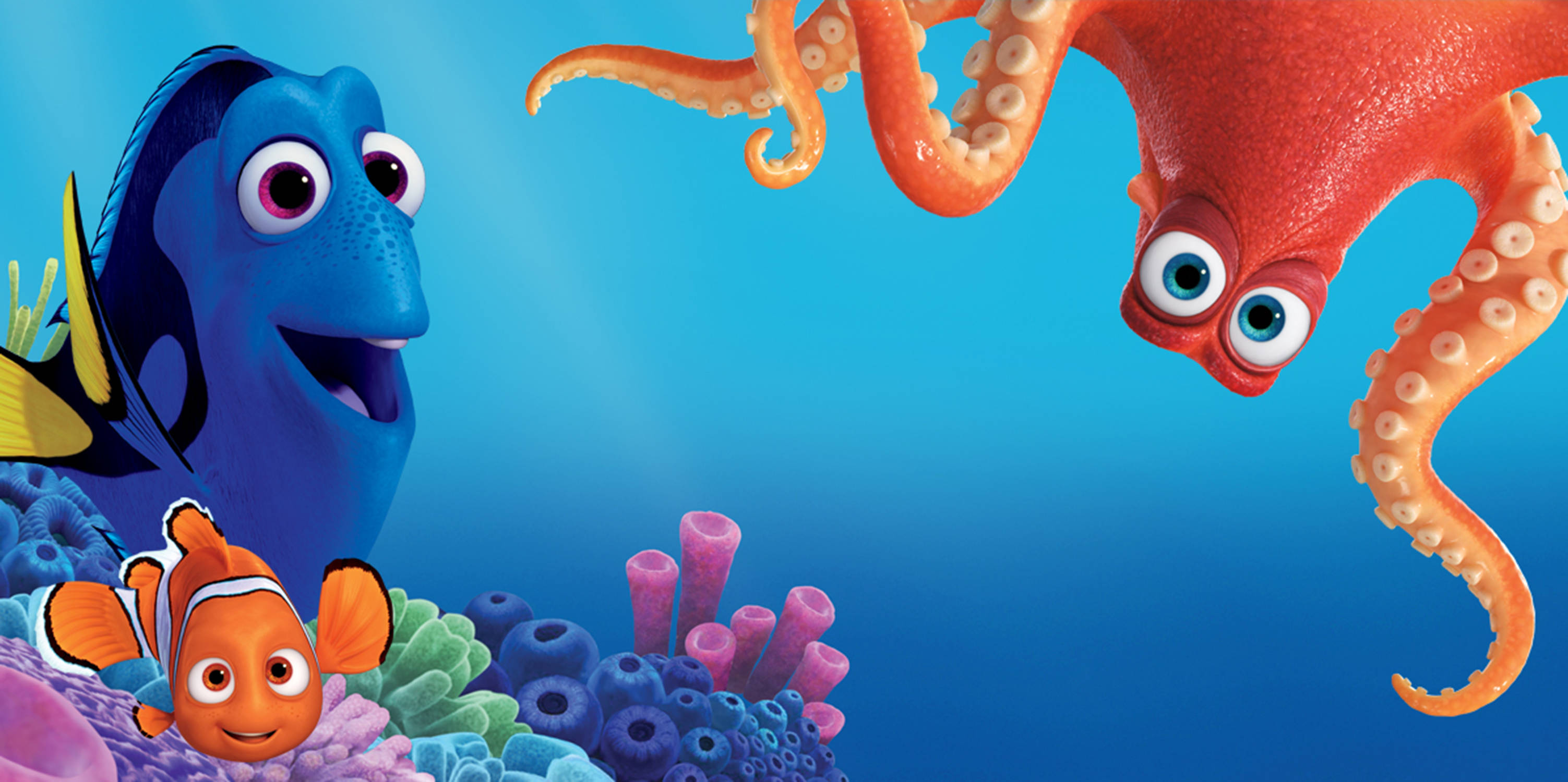 Dory 桌布 壁紙 — 一個充滿活力的海底場景，以多莉、尼莫和一隻橙色章魚為特色，眼睛富有表現力，背景是色彩繽紛的珊瑚。