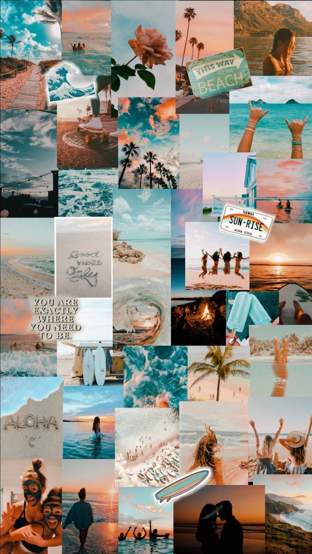 Summer Collage 桌布 壁紙 — 一個充滿活力的海灘主題拼貼畫， featuring 日落、棕櫚樹、海浪和享受海岸時光的快樂人們。