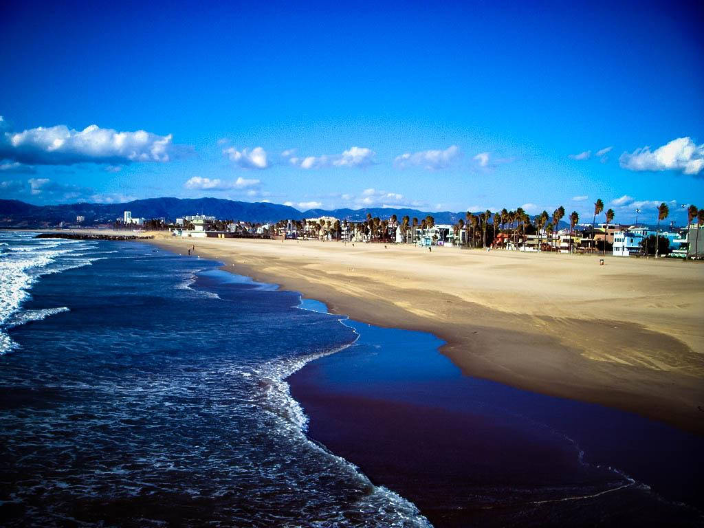 Venice Beach 桌布 壁紙 — 一個充滿活力的海灘場景，有拍岸的浪花、金色的沙灘、棕櫚樹和遠處的山脈，在明亮的藍天和散落的雲朵下。