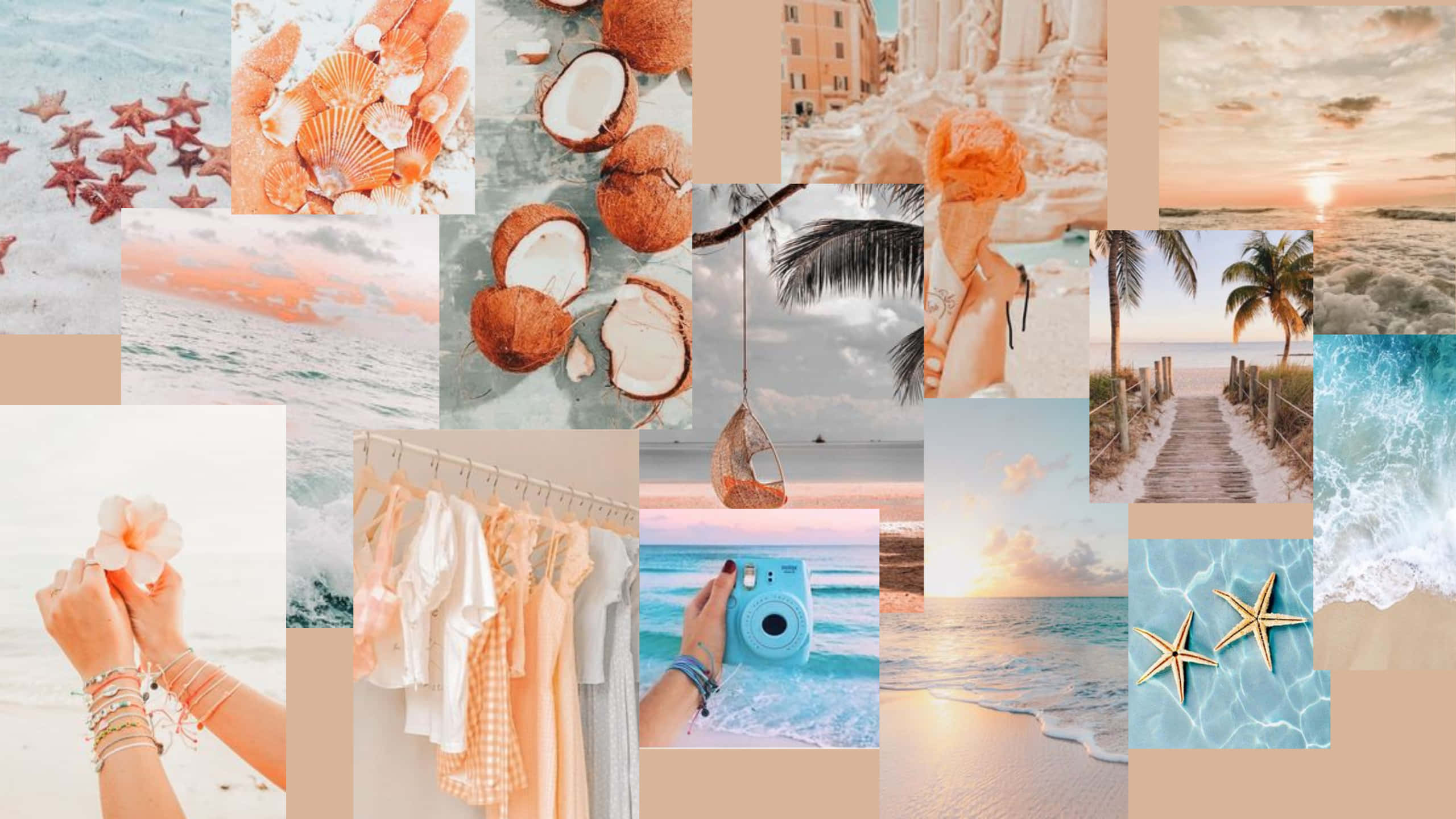 Neutral Aesthetic Desktop 桌布 壁紙 — 一個充滿活力的海灘場景拼貼畫，包含海星、貝殼、椰子、棕櫚樹和溫暖蜜桃色調的日落天空。