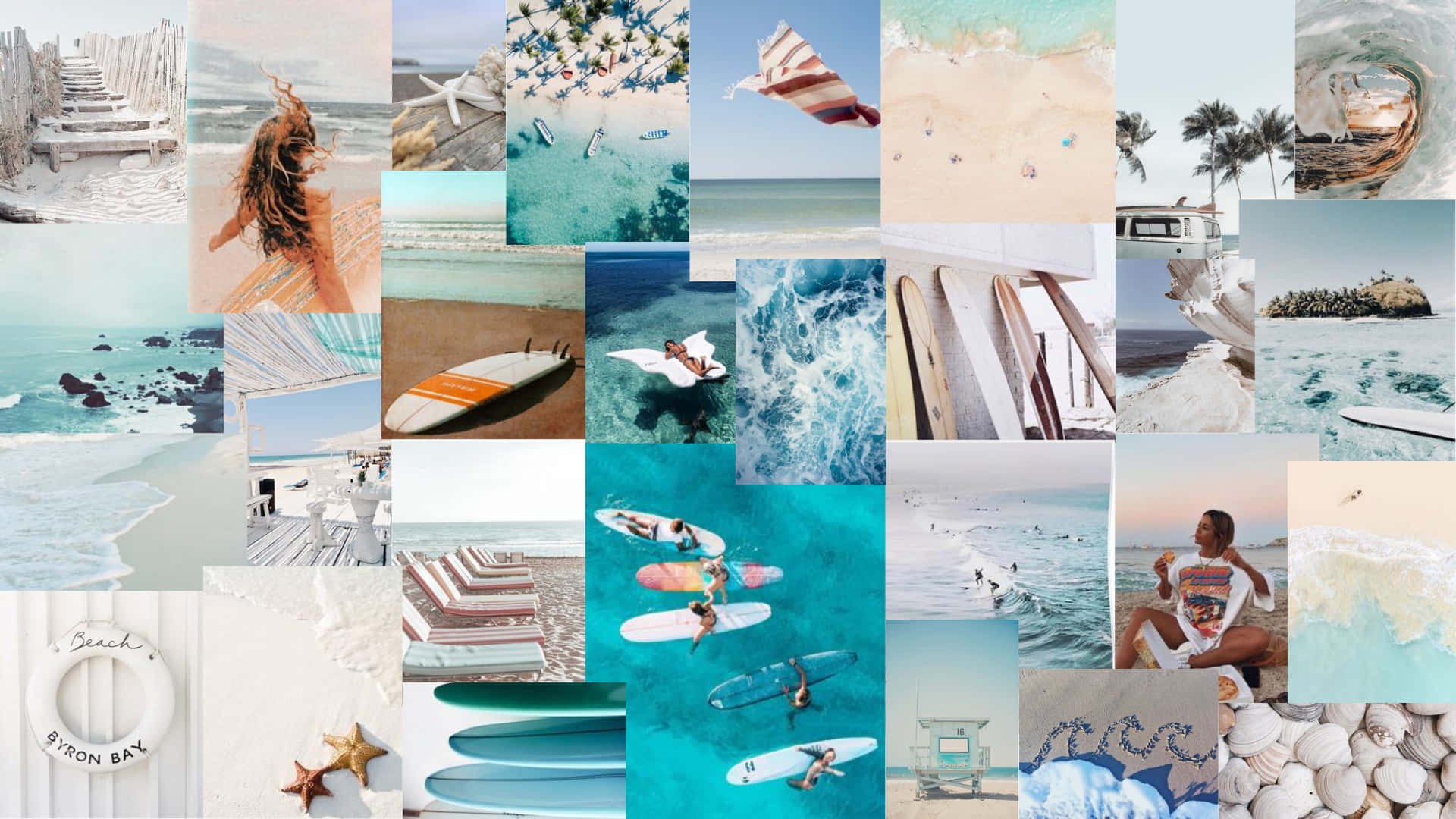 Collage Aesthetic Summer Laptop 桌布 壁紙 — 一個充滿活力的海灘場景拼貼畫，包括衝浪者乘風破浪、沙灘上享受日光浴的人們，以及晴朗天空下的碧綠海水。