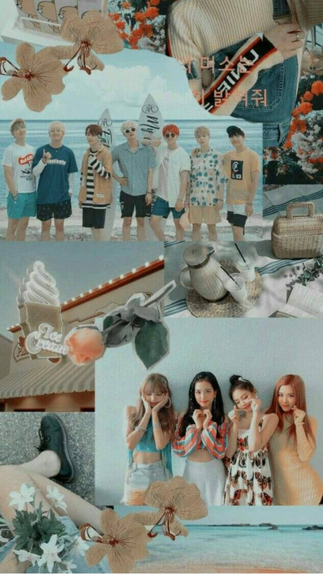 BTS 和 BLACKPINK 桌布 壁紙 — 一個充滿活力的海灘場景拼貼畫，描繪一群年輕人享受夏天，有冰淇淋、鮮花和衝浪板。