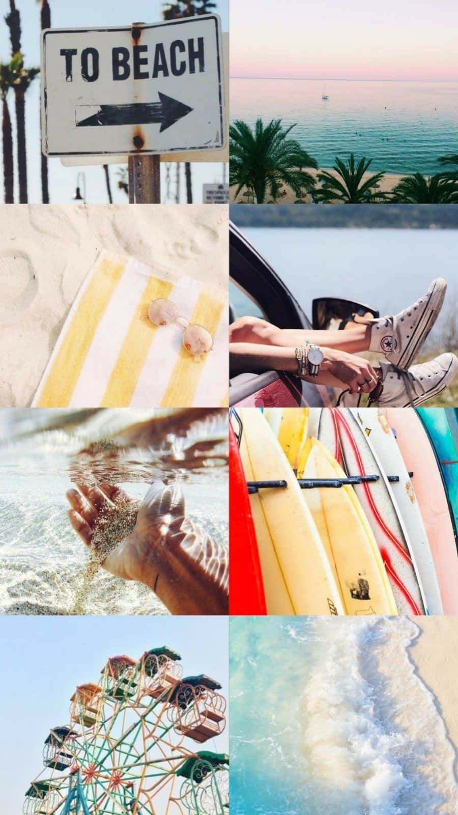 桌布 壁紙 — 一個充滿活力的海灘拼貼畫，包含「TO BEACH」標誌、棕櫚樹、衝浪板、海浪和色彩繽紛的摩天輪，在明亮的天空下。