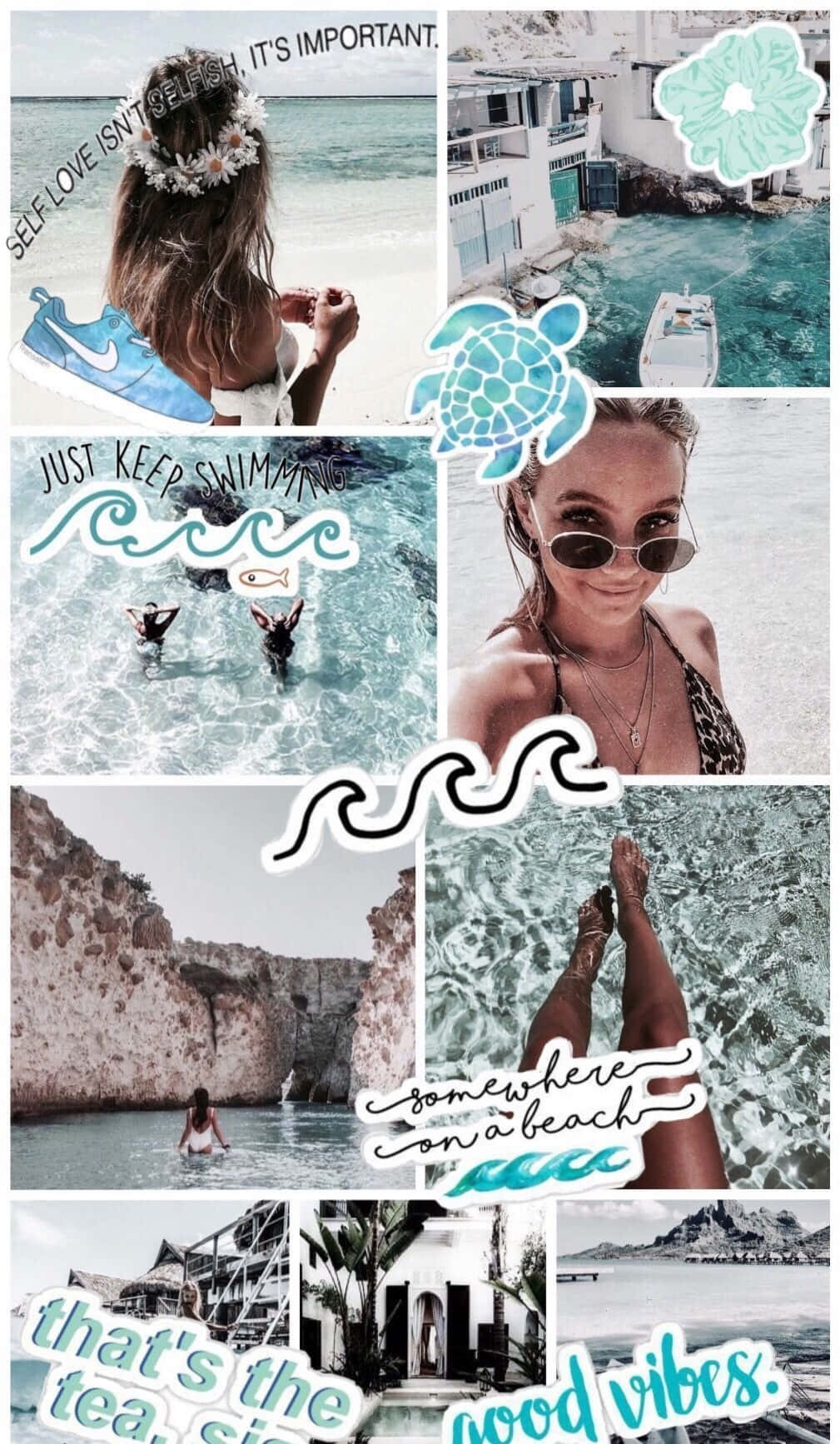 桌布 壁紙 — 一個充滿活力的海灘拼貼畫，包含曬太陽的人、碧綠的海水和時尚柔和美學的勵志名言。