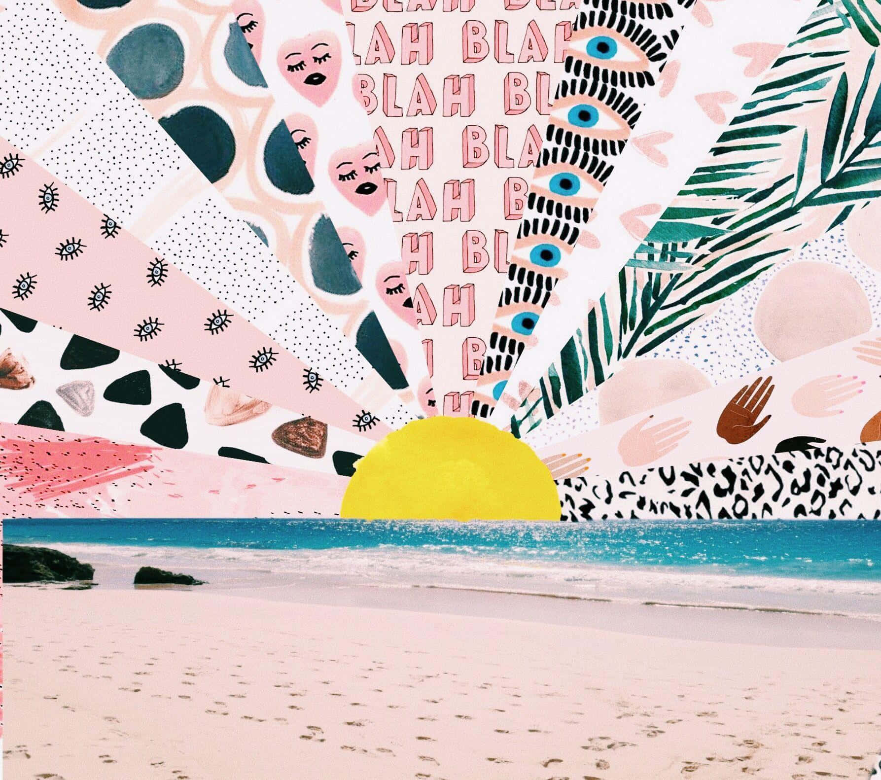 海灘 桌布 壁紙 — 一個充滿活力的海灘日落，黃色的太陽在碧綠的海水和粉紅色的沙灘上，覆蓋著色彩繽紛的抽象圖案，包括心形、眼睛和棕櫚葉。