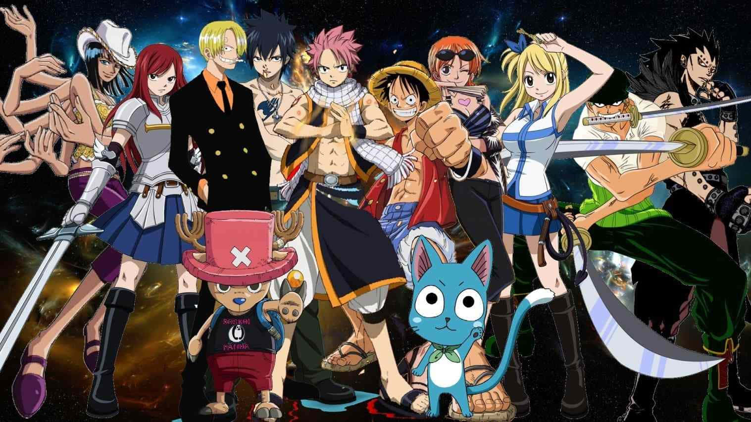 Manga Characters 桌布 壁紙 — 一個充滿活力的海盜與盟友動畫團體，在宇宙星空背景下英勇地擺出姿勢。