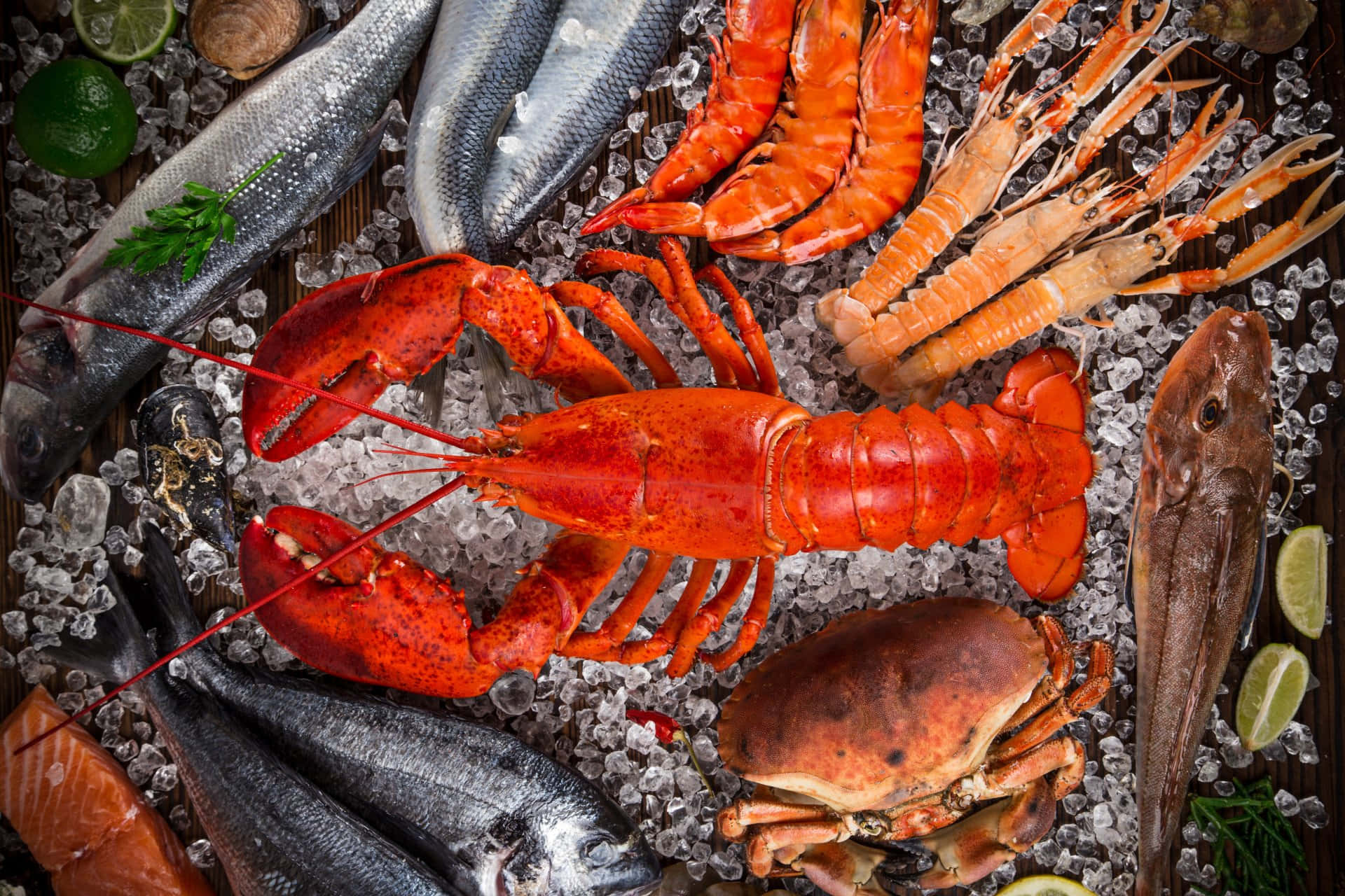 Seafood 桌布 壁紙 — 一個充滿活力的海鮮拼盤， featuring 鮮紅色的龍蝦、蟹、蝦和魚，放在碎冰上，配以萊姆和香草。
