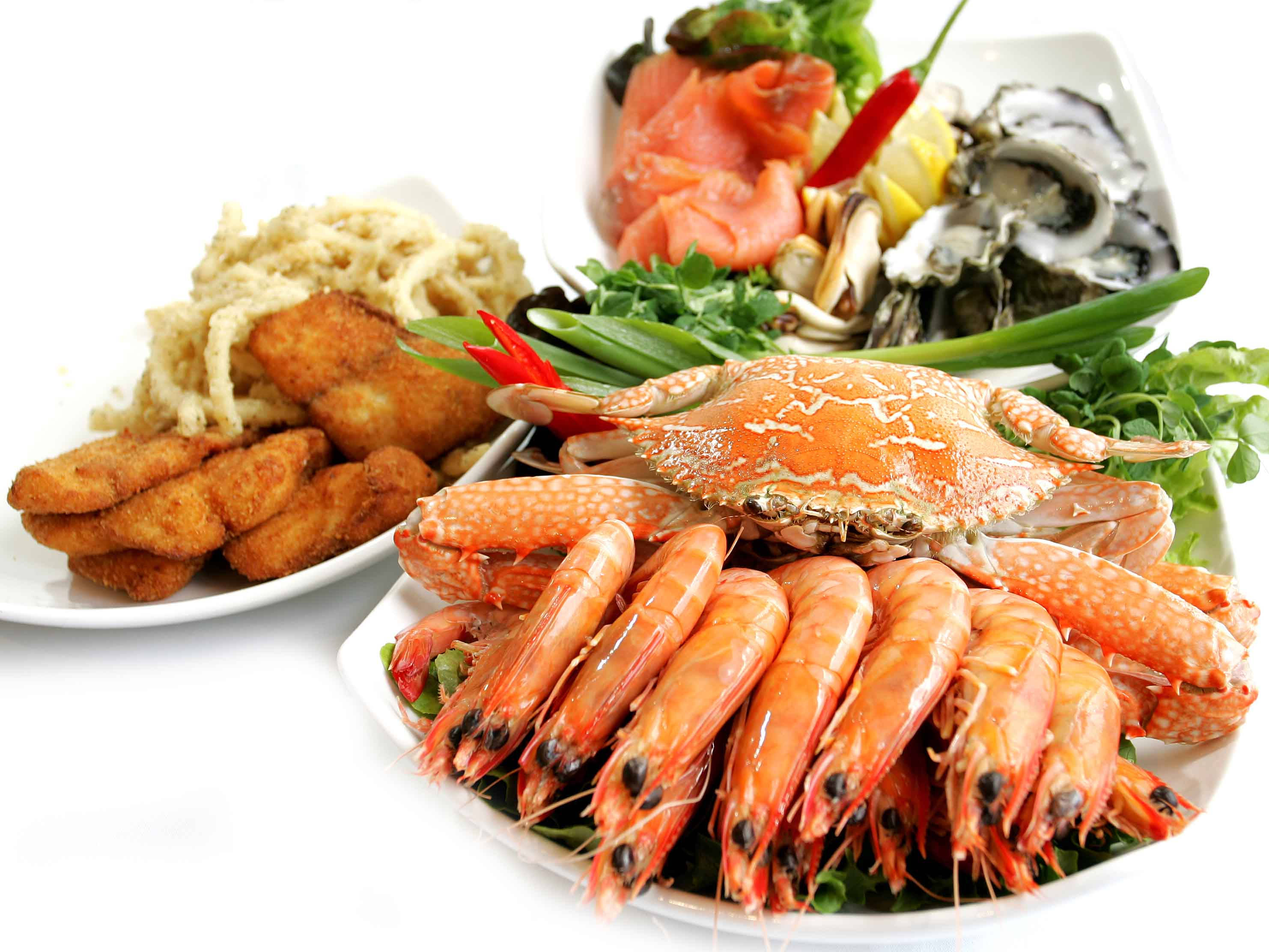 Seafood 桌布 壁紙 — 一個充滿活力的海鮮拼盤，包含整隻螃蟹、蝦、生蠔、鮭魚和炸天婦羅，放在潔白背景上。