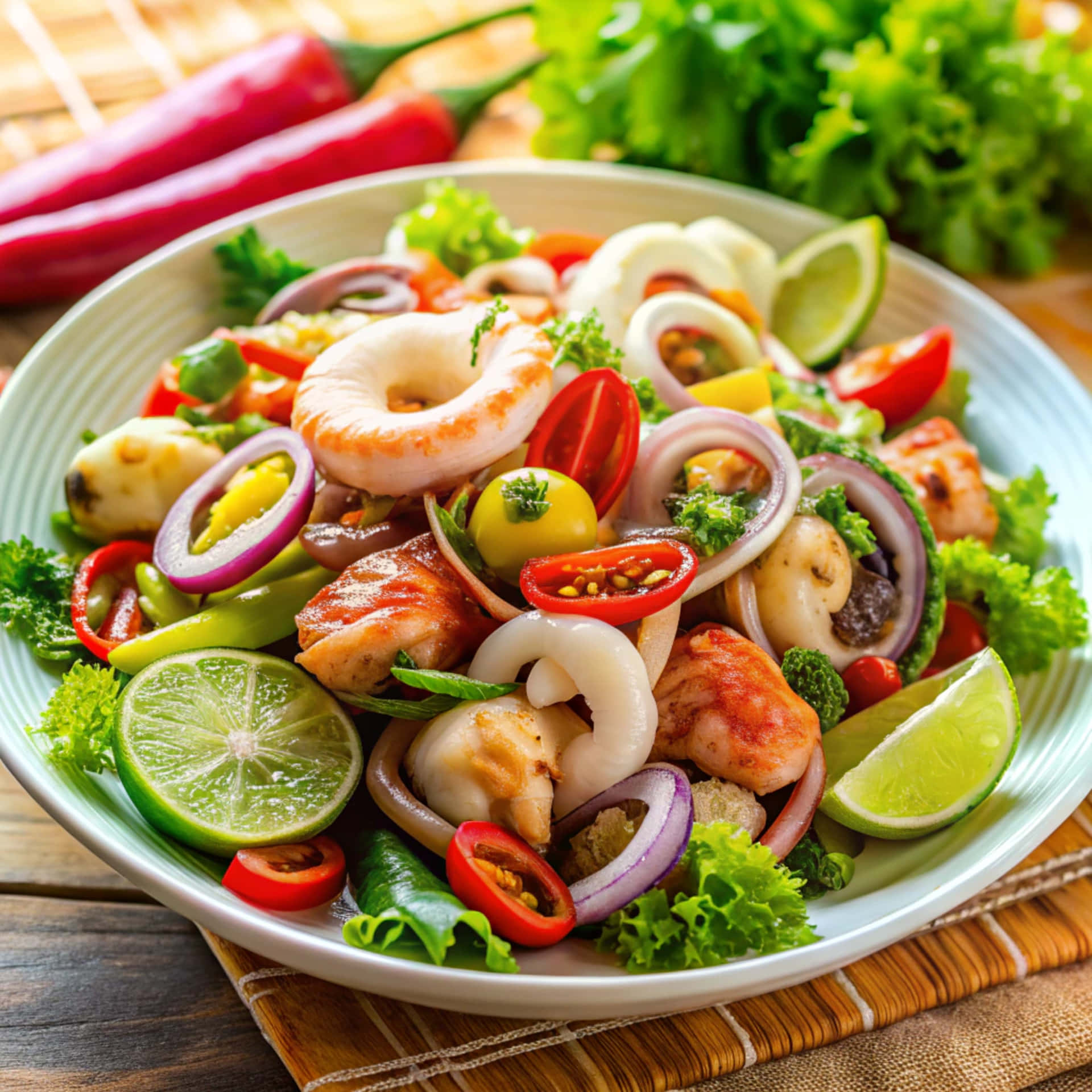Seafood salad 壁紙 — 一個充滿活力的海鮮沙拉，有蝦、魷魚、櫻桃番茄、萊姆角和紅洋蔥，放在白色碗中，置於竹蓆上。