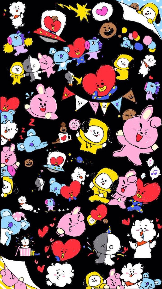 BT21 桌布 壁紙 — 一個充滿活力的混亂壁紙，彩色BT21角色在黑色背景上跳舞和慶祝，配有愛心和星星。