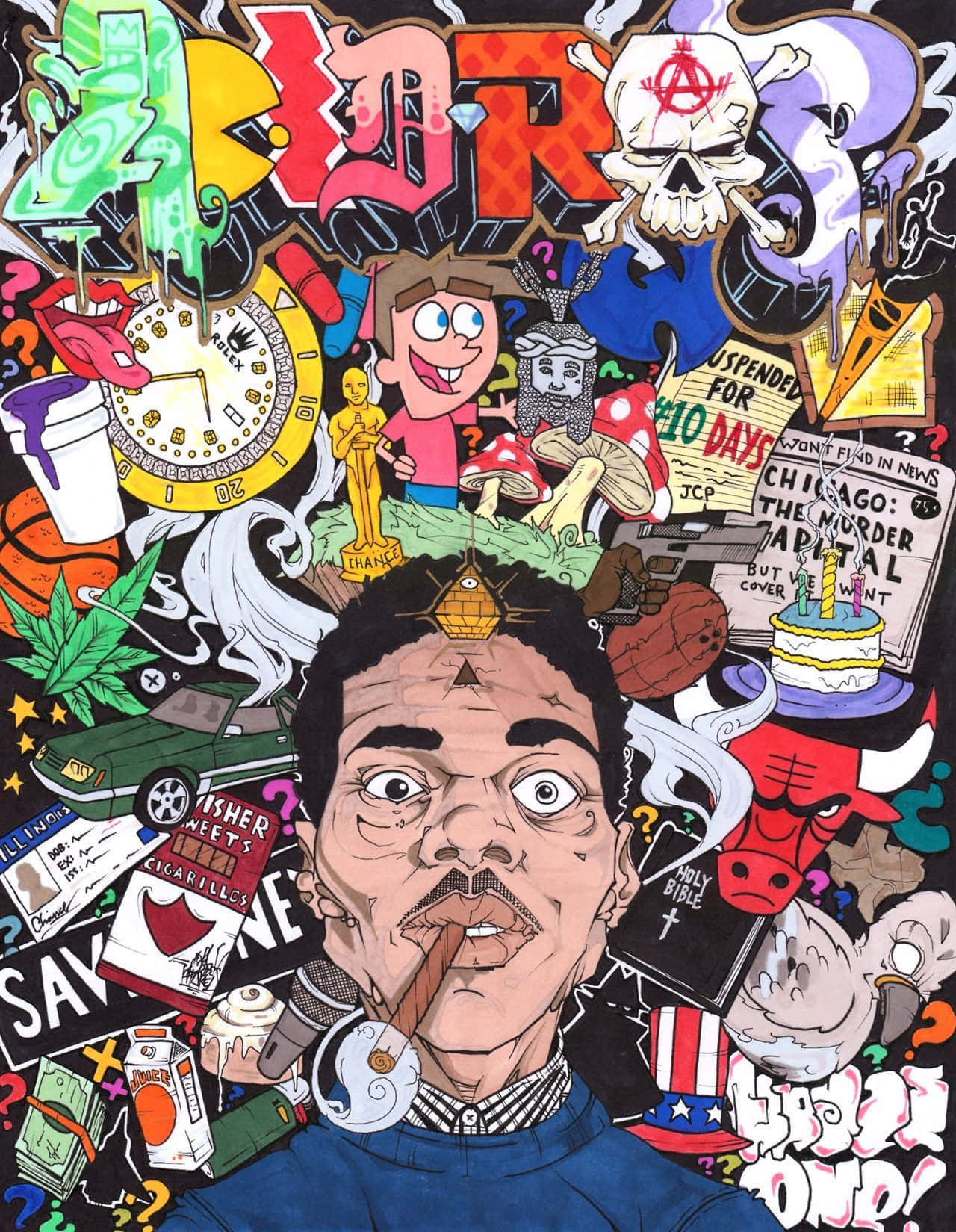 音樂 桌布 壁紙 — 一個充滿活力的混亂插圖，描繪一個被流行文化圖標、塗鴉符號和超現實物體包圍的男人，使用大膽的色彩。
