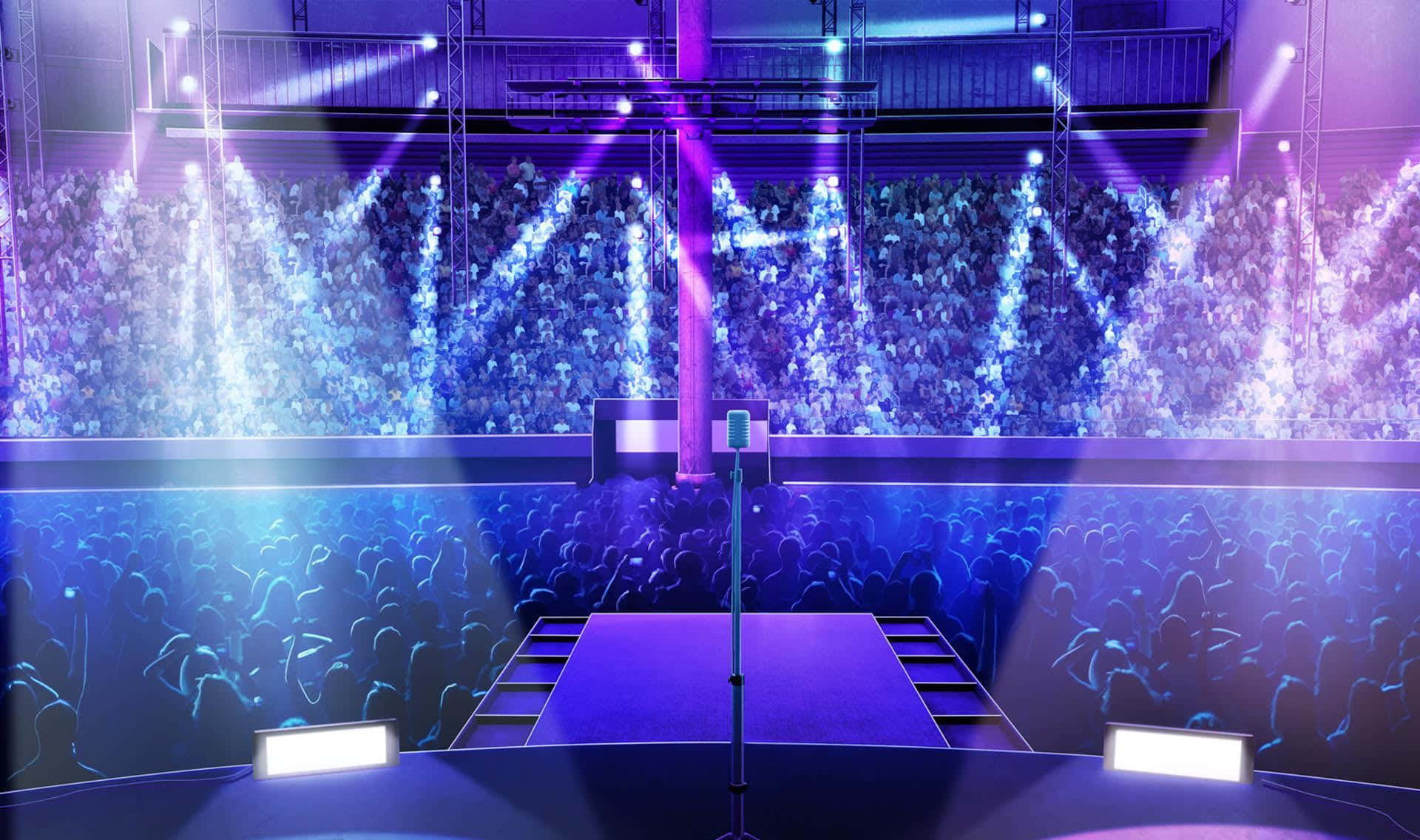 Concert Stage 桌布 壁紙 — 一個充滿活力的演唱會舞台，沐浴在紫色和藍色燈光中，擠滿的人群在耀眼的聚光燈下歡呼。
