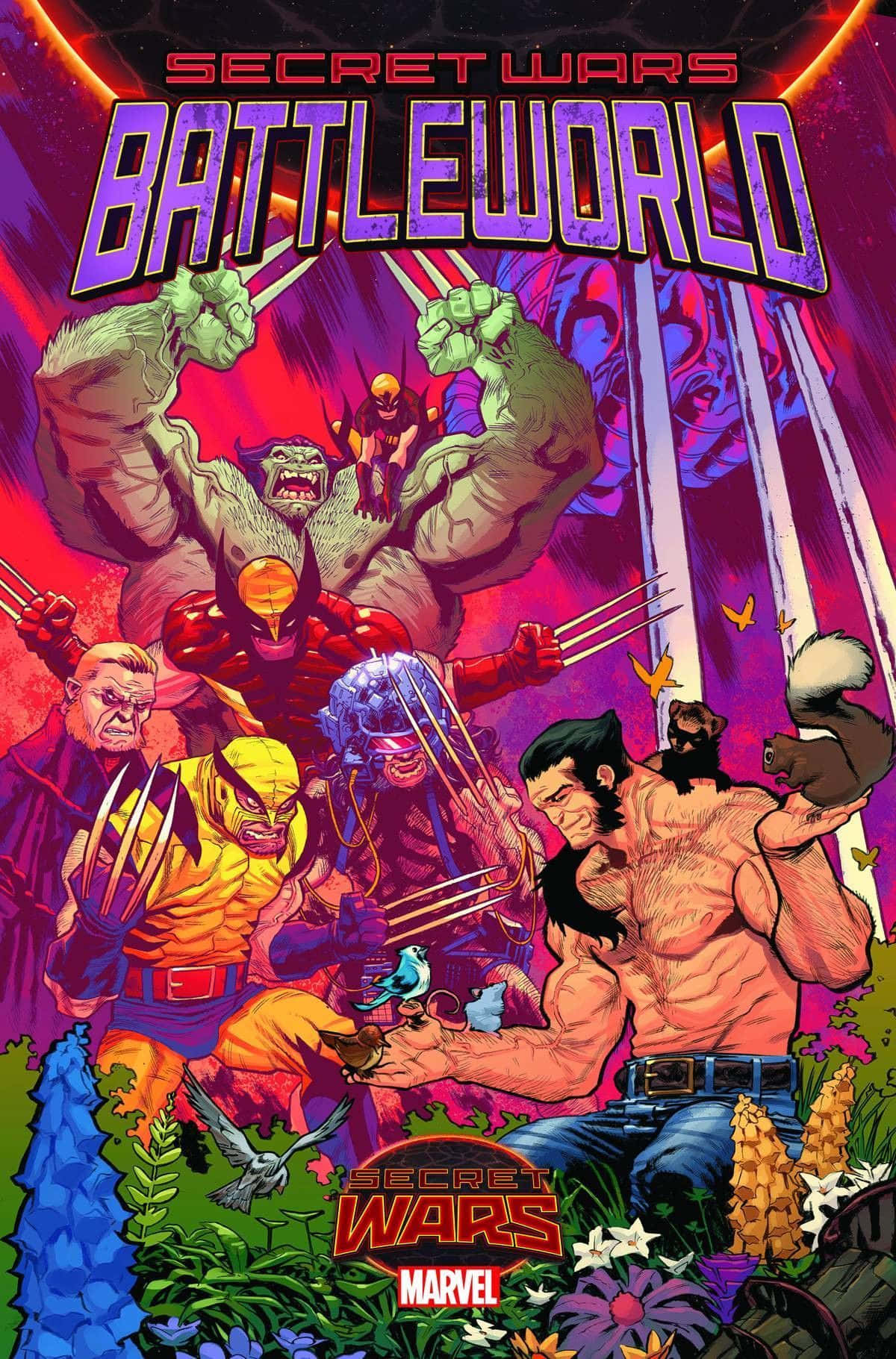 Secret Wars 桌布 壁紙 — 一個充滿活力的漫畫封面， featuring Wolverine 和其他變種人在一場混亂的戰鬥場景中，帶有鮮明的紫色、紅色和綠色色調。